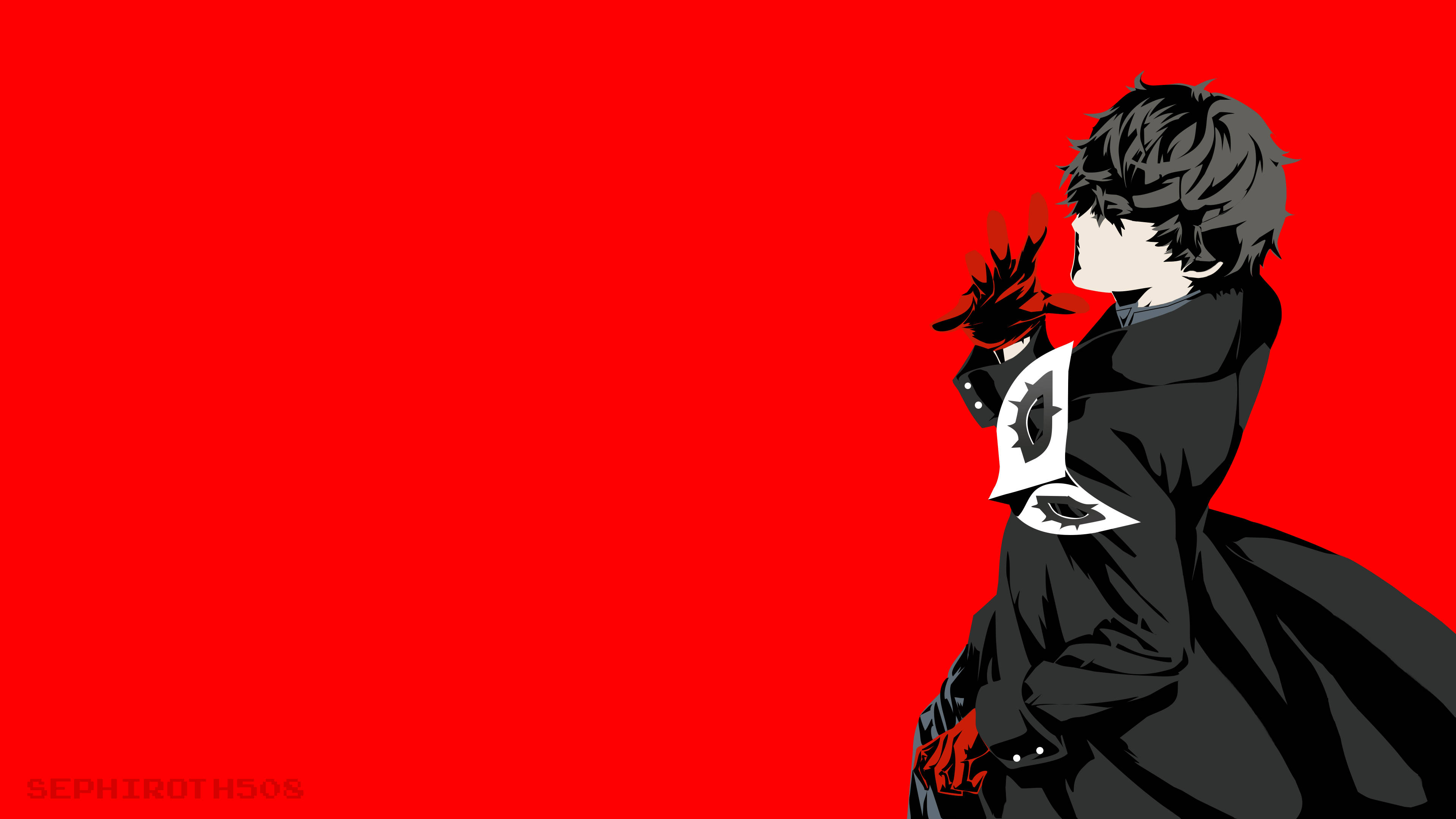 Ren Amamiya, black coat, vivid red background, 4K Desktop Wallpaper