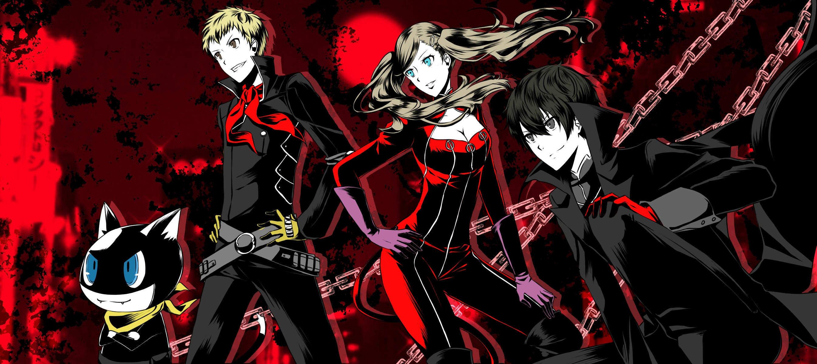 Ren Amamiya, black and red outfits, blood-red splattered background, 2K Desktop Wallpaper