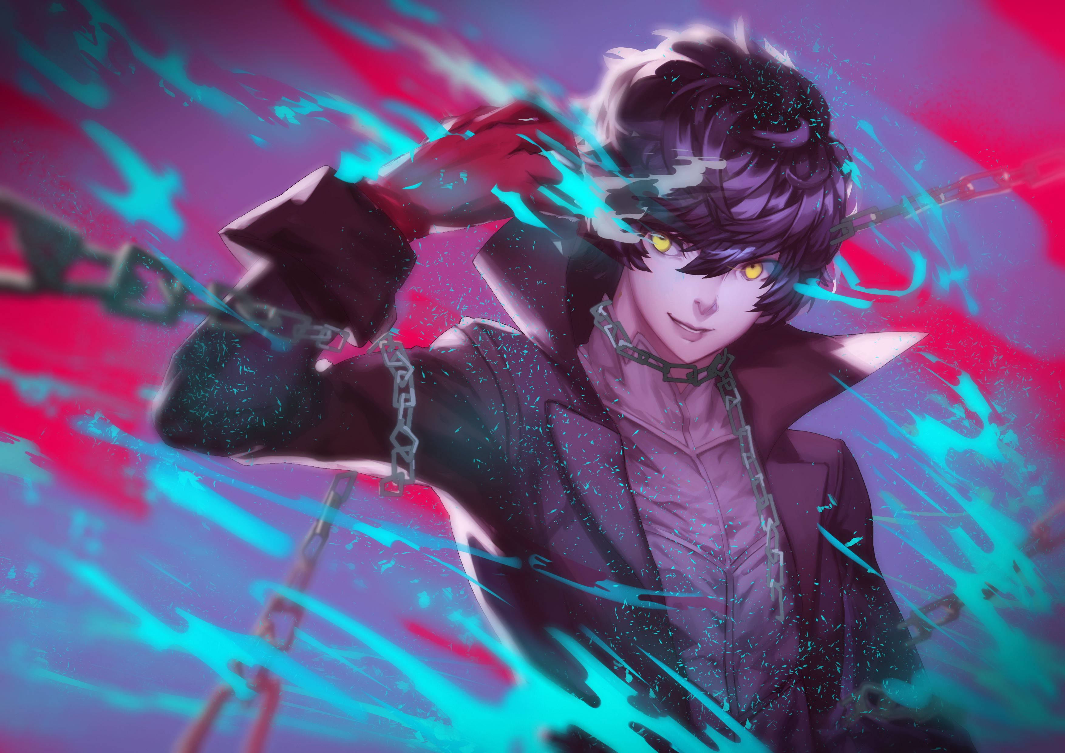 Ren Amamiya, glowing yellow eyes, chains, 2K Desktop Wallpaper