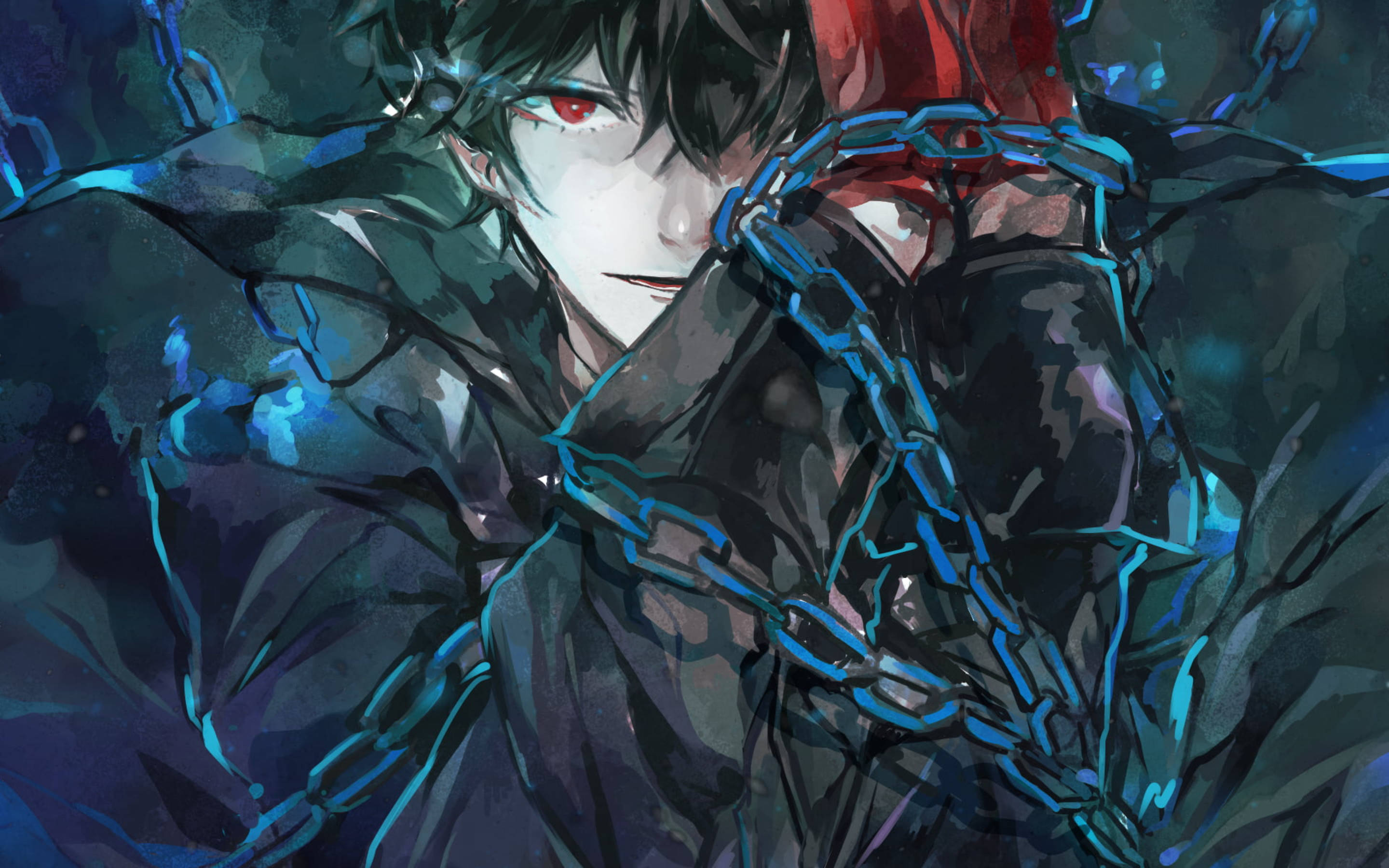 Ren Amamiya, glowing blue chains, dark-haired, 2K Desktop Wallpaper
