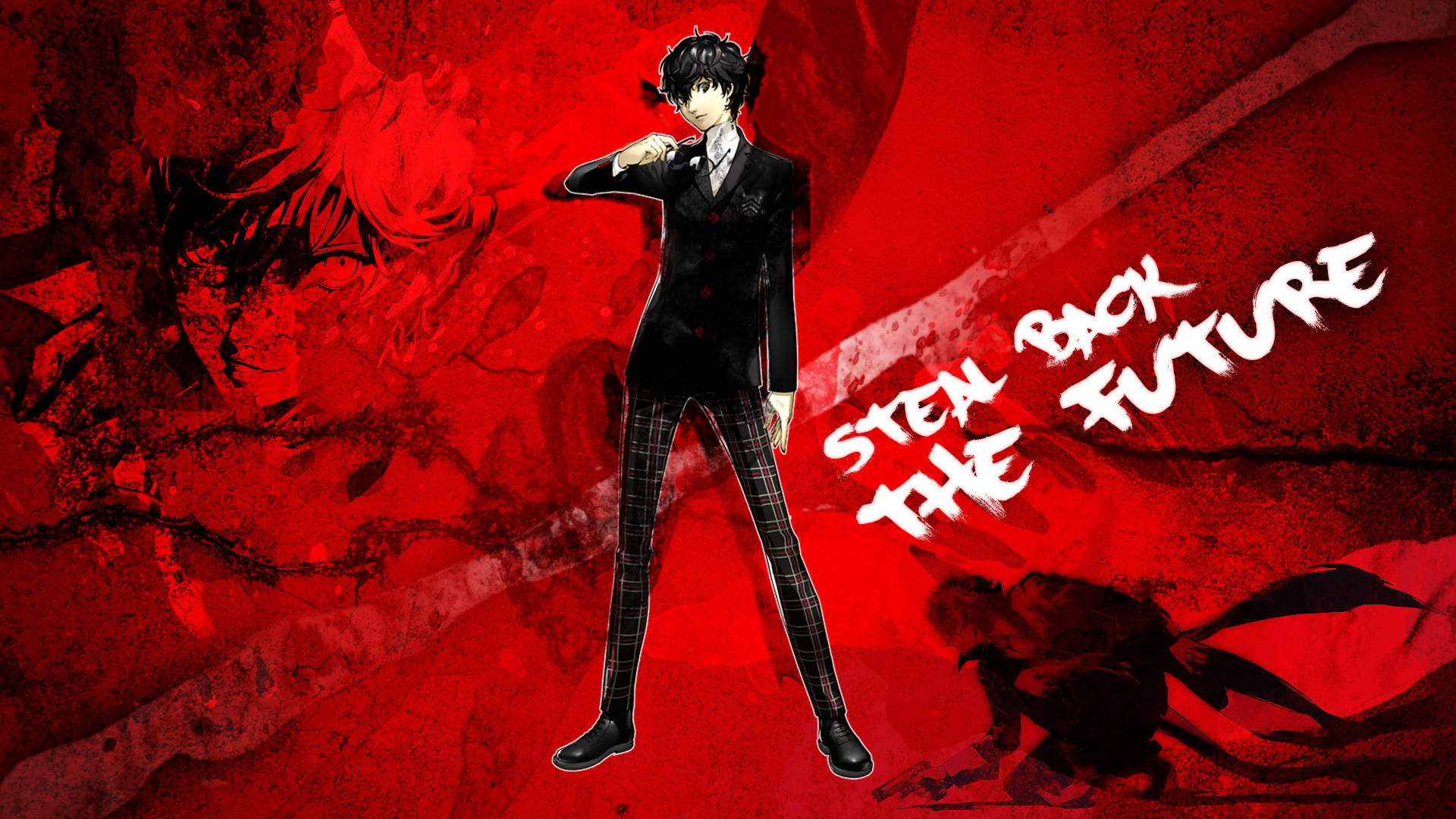 Ren Amamiya, black suit, vivid red background, Full HD Desktop Wallpaper