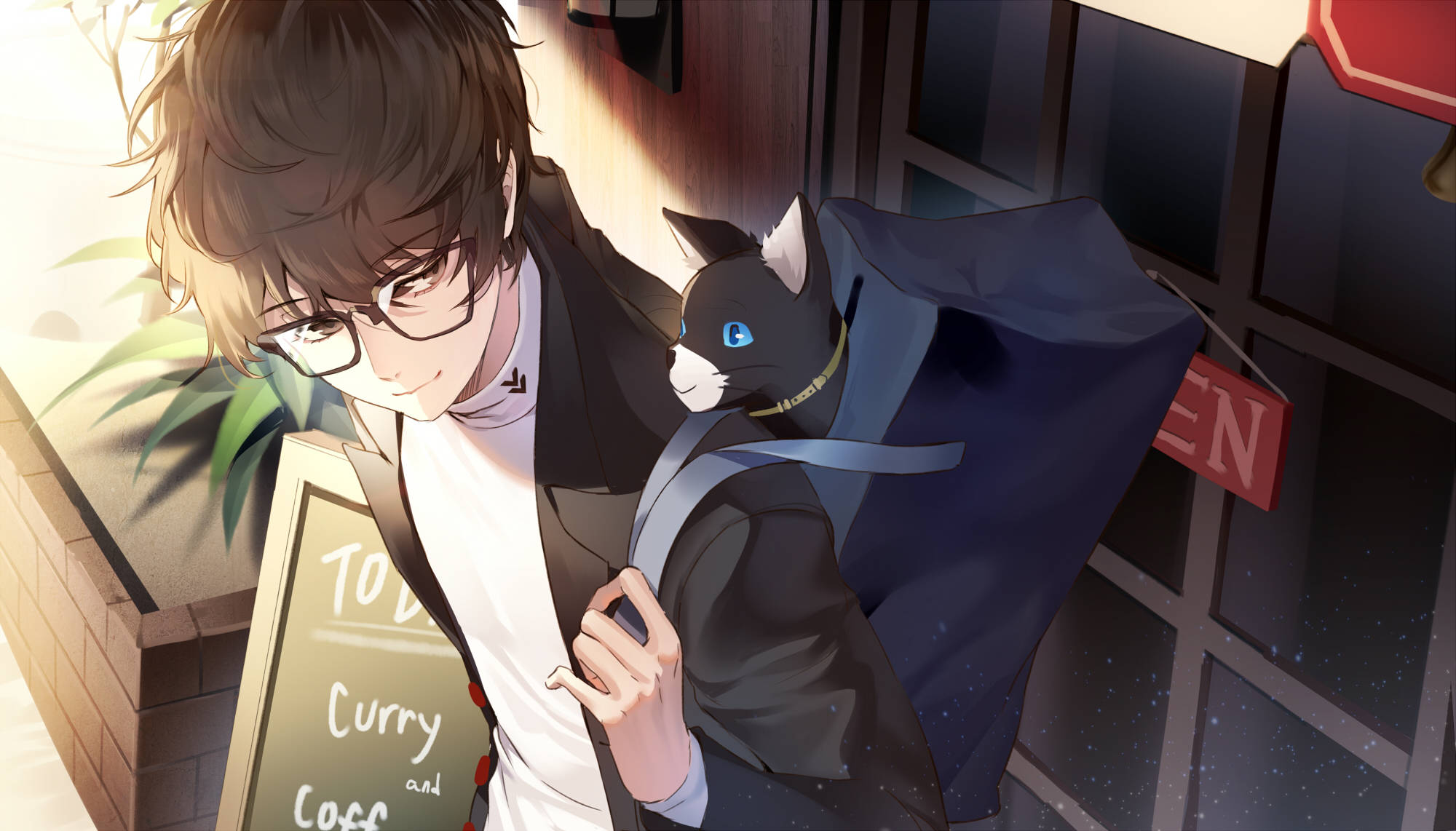 Ren Amamiya, black cat, blue eyes, Full HD Desktop Wallpaper