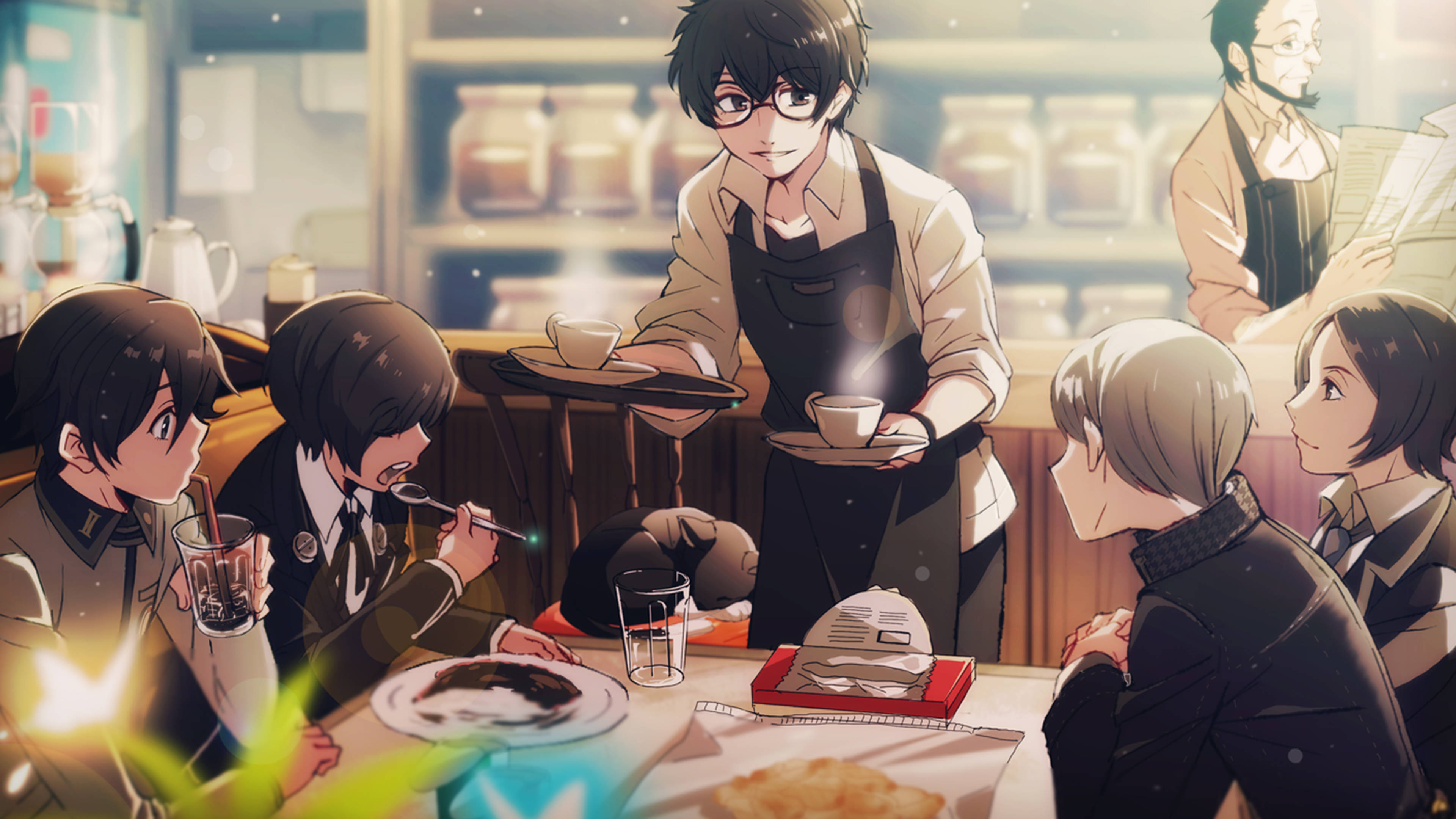 Ren Amamiya, anime characters, cozy cafe table, 4K Desktop Wallpaper
