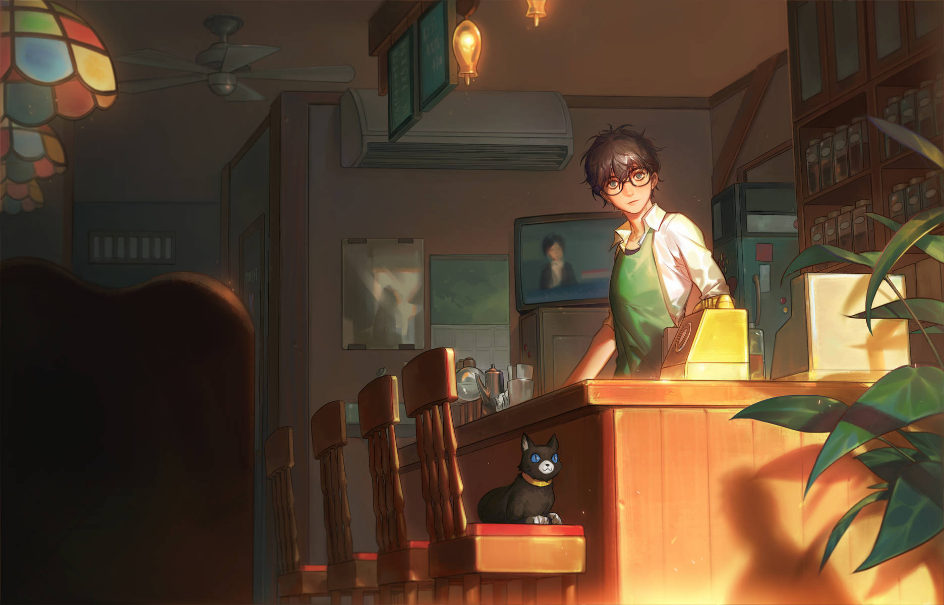 Ren Amamiya, cafe, stained glass light, HD Desktop Wallpaper