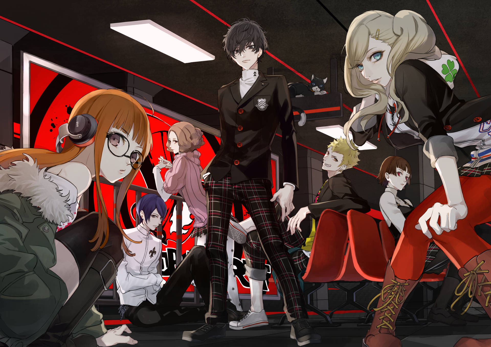 Ren Amamiya, sleek red and black train car, glowing lights, Full HD Desktop Wallpaper