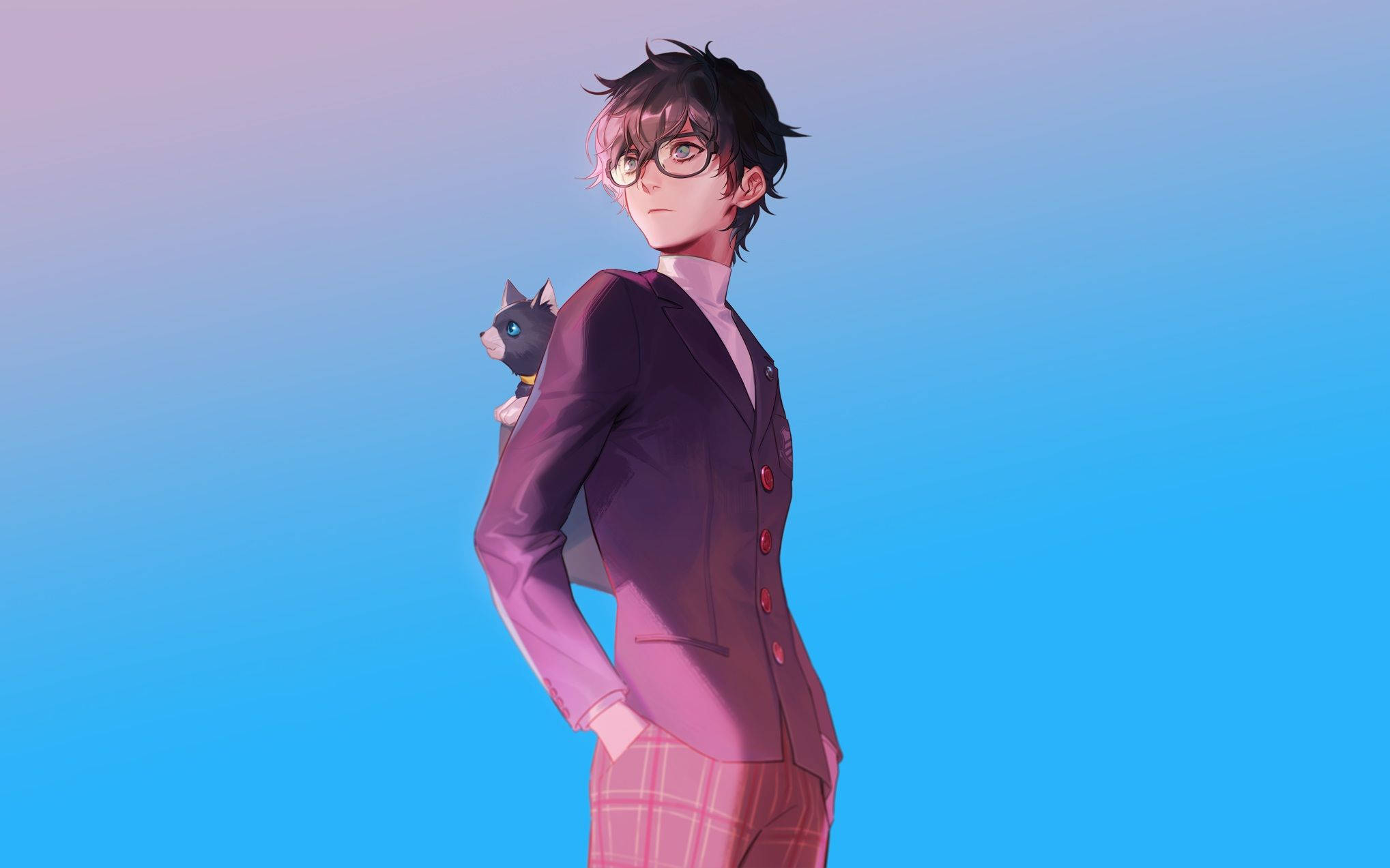 Ren Amamiya, purple suit, small black cat, Full HD Desktop Wallpaper