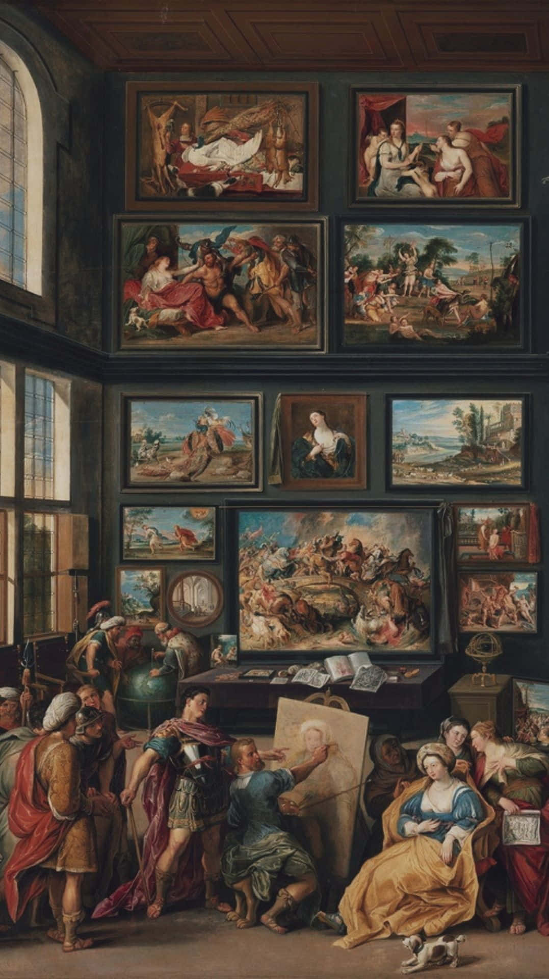 17th-century art studio, classical paintings, scholars, Full HD Phone Wallpaper