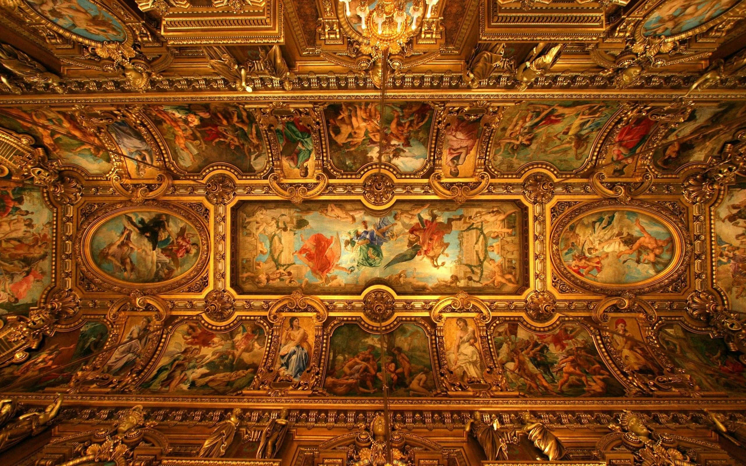 Renaissance Aesthetic, golden ceiling, intricate frescoes, 2K Desktop Wallpaper