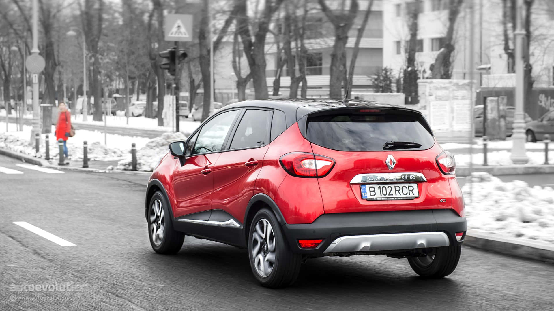 Renault Captur, vibrant red, snowy urban street, Full HD Desktop Wallpaper