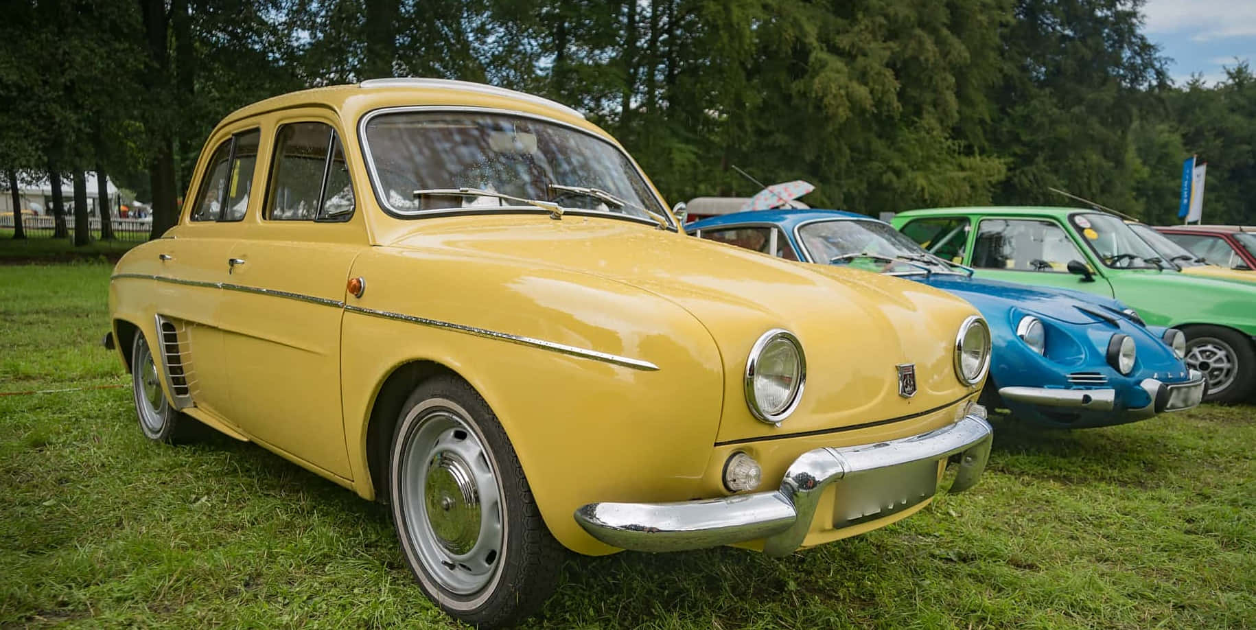 Renault Dauphine, vintage yellow, dusk sky, HD Desktop Wallpaper