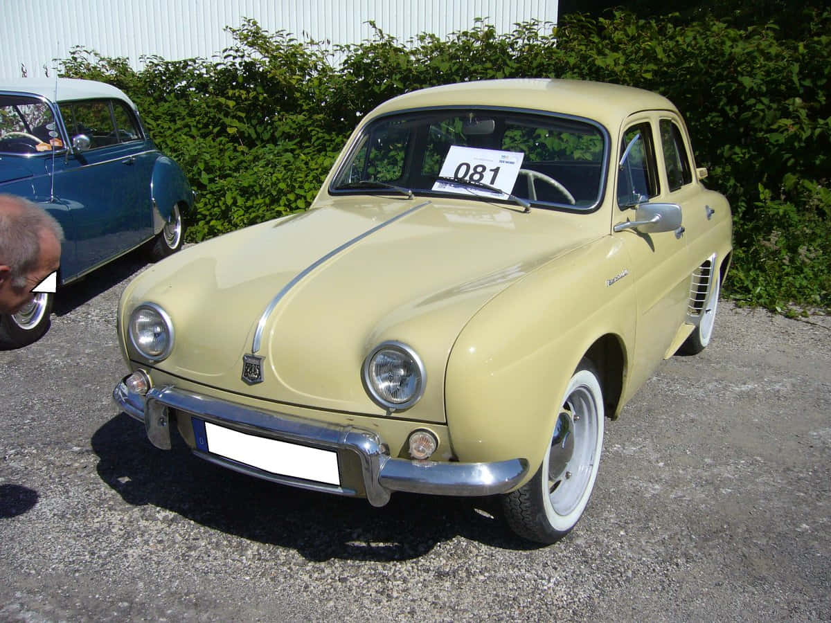 Renault Dauphine, pale yellow, white wall tires, SD Desktop Wallpaper