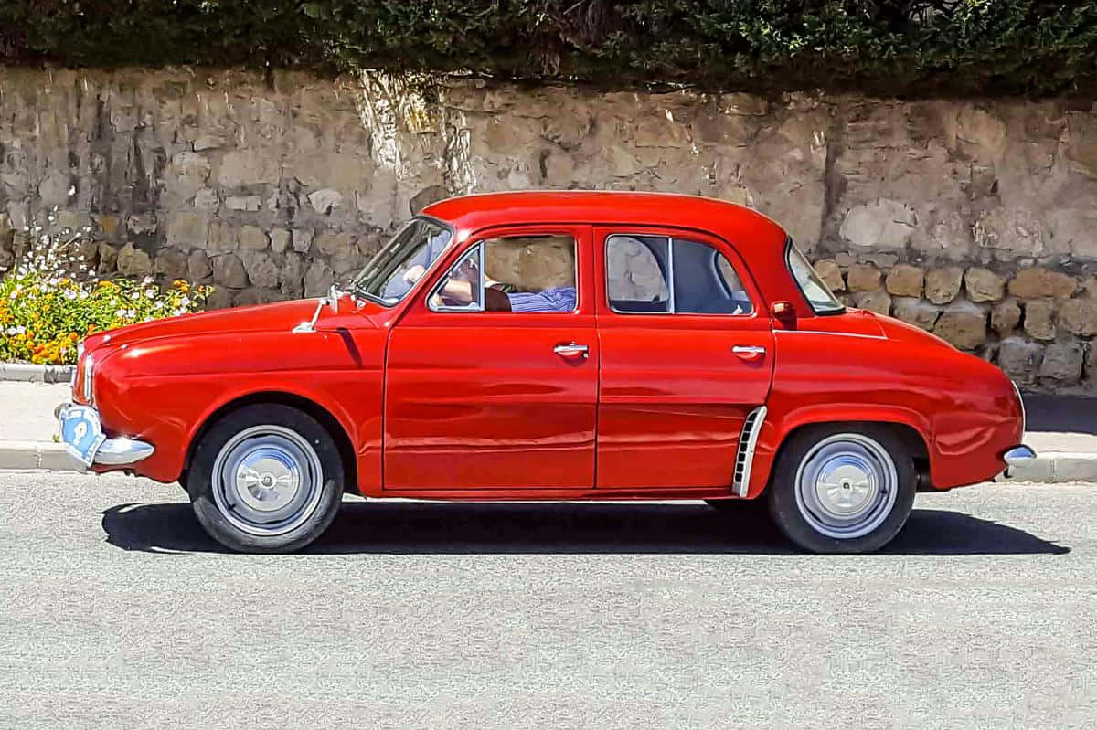 Renault Dauphine, vibrant red, sunlit street, SD Desktop Wallpaper
