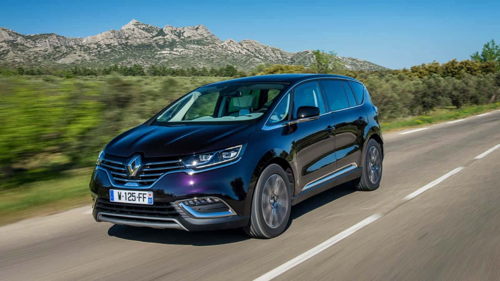 Renault Espace, black, sunlit mountain road, HD Desktop Wallpaper