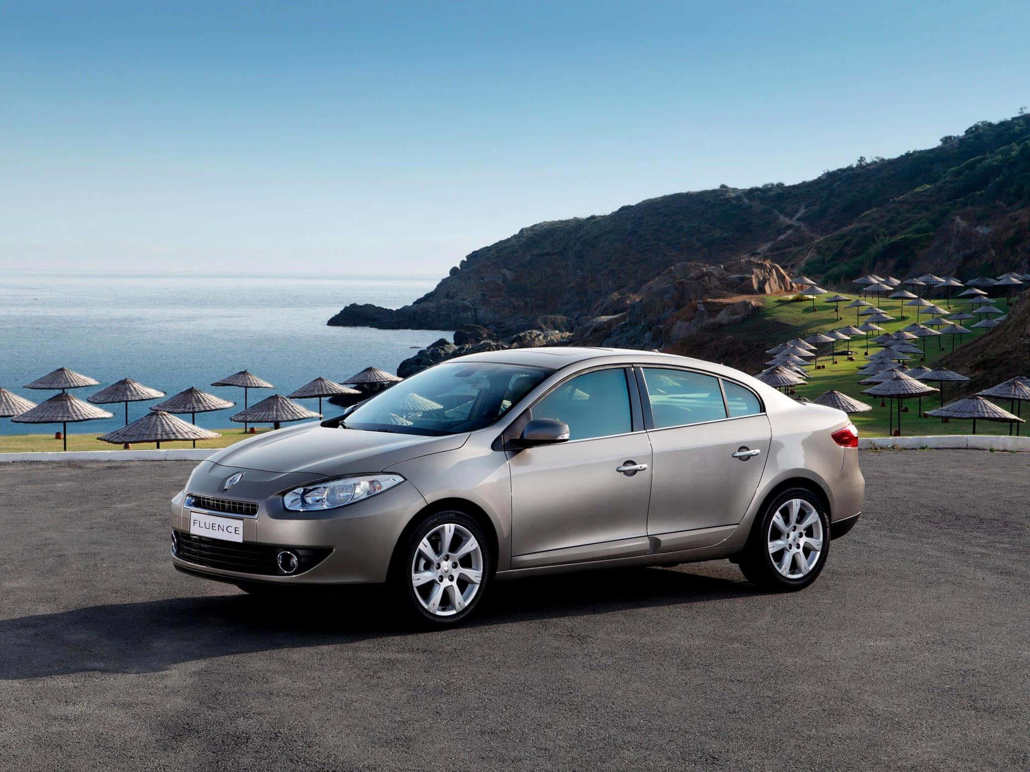 Renault Fluence, silver, coastal road, Full HD Desktop Wallpaper