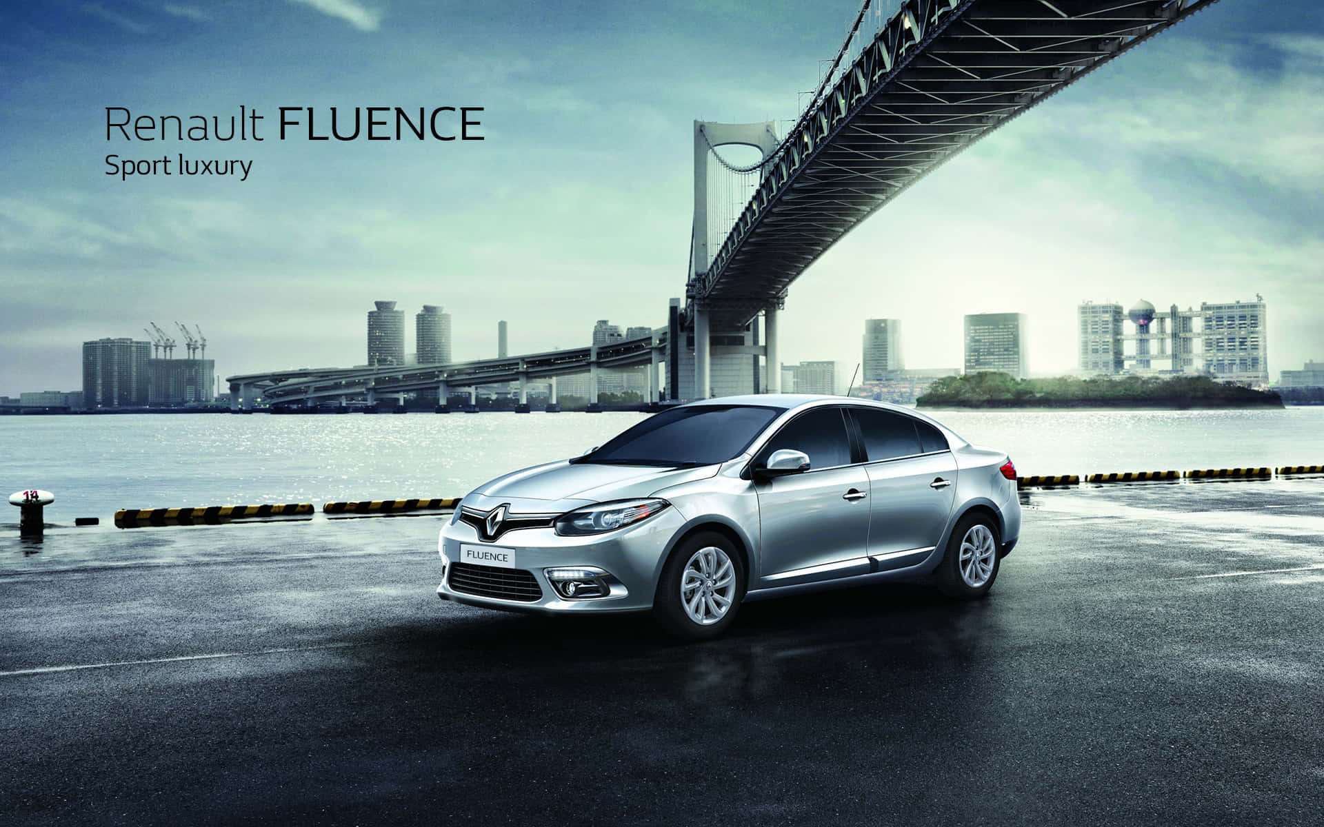Renault Fluence, silver, wet urban waterfront, Full HD Desktop Wallpaper
