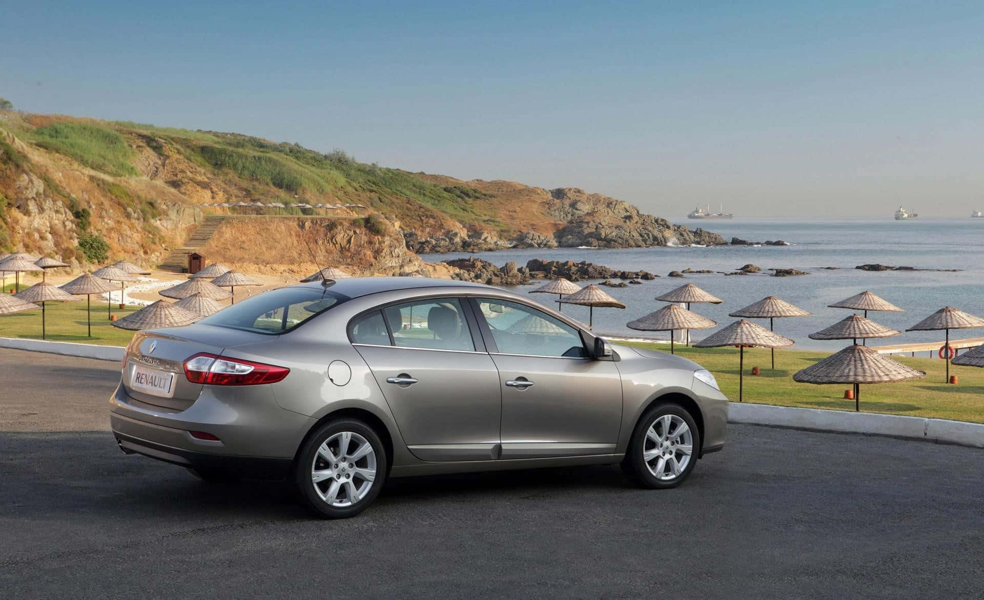 Renault Fluence, silver sedan, coastal road, Full HD Desktop Wallpaper