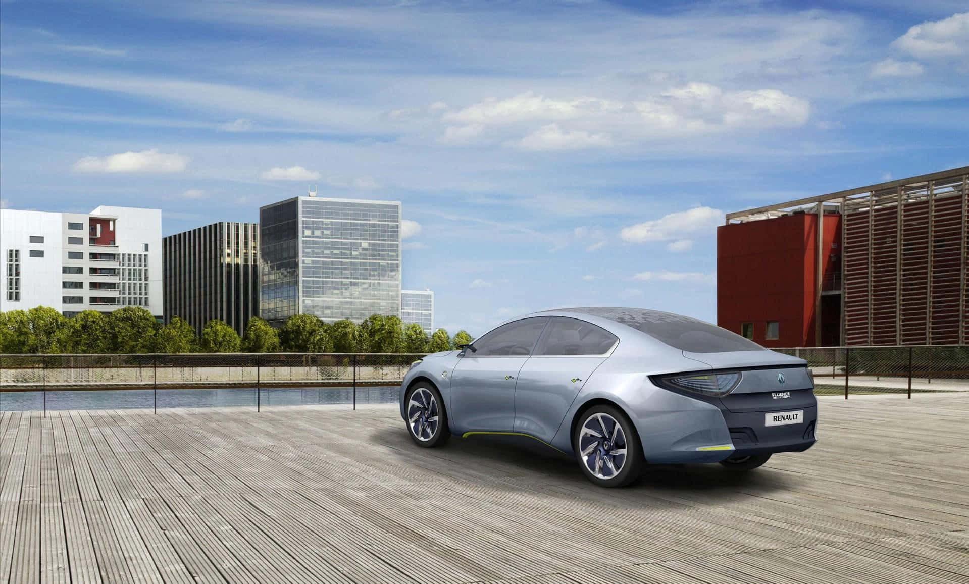 Renault Fluence, silver, wooden deck, HD Desktop Wallpaper