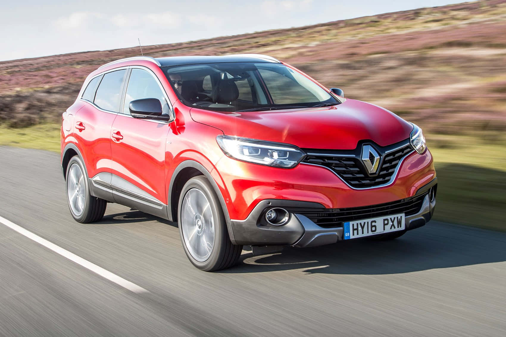 Red Renault Kadjar, winding road, hilly landscape, HD Desktop Wallpaper