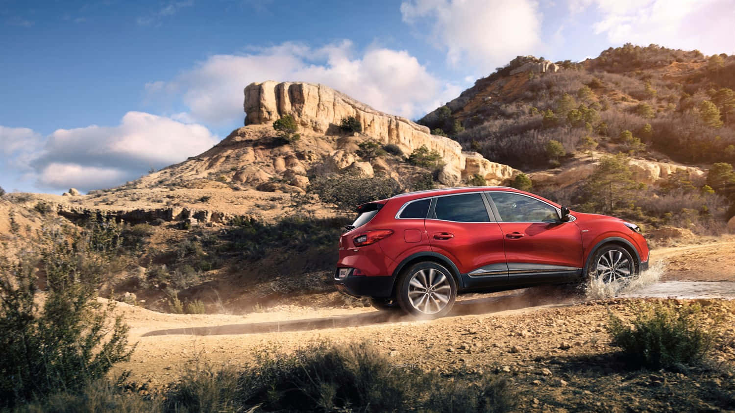 Red Renault Kadjar, offroad adventure, shallow stream, HD Desktop Wallpaper