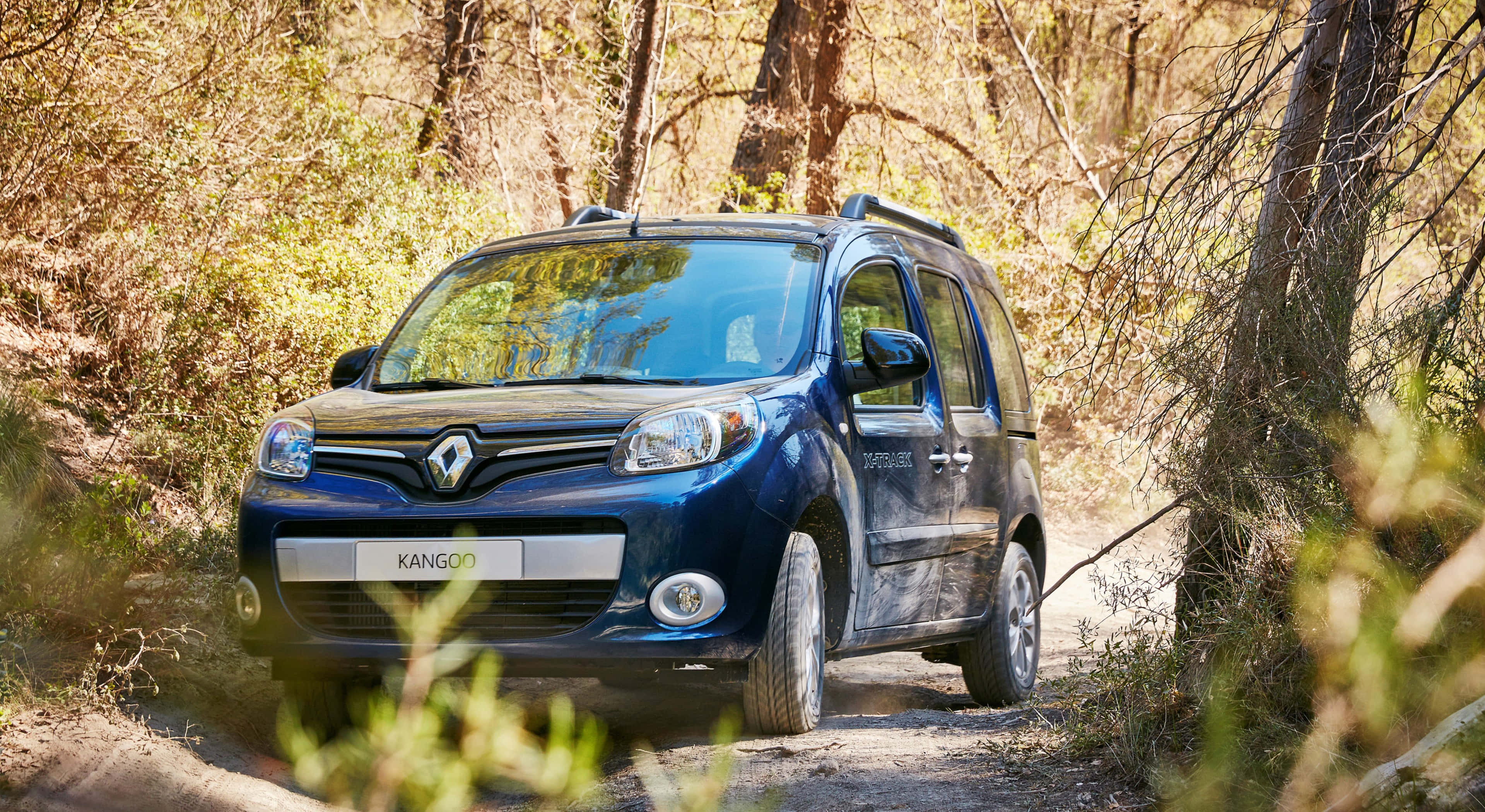 Renault Kangoo, blue, dusty forest trail, 2K Desktop Wallpaper