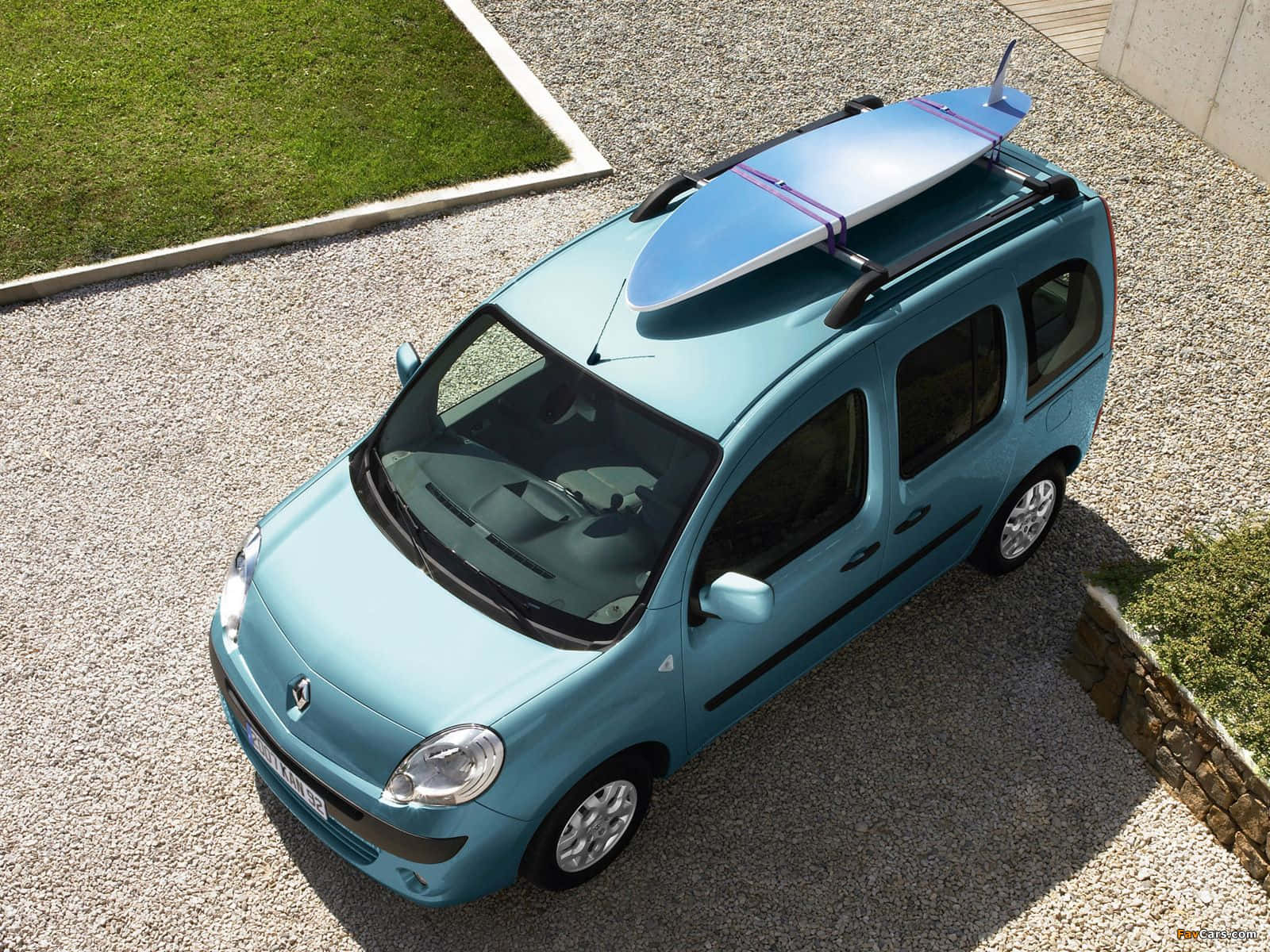 Renault Kangoo, light blue, surfboard, HD Desktop Wallpaper