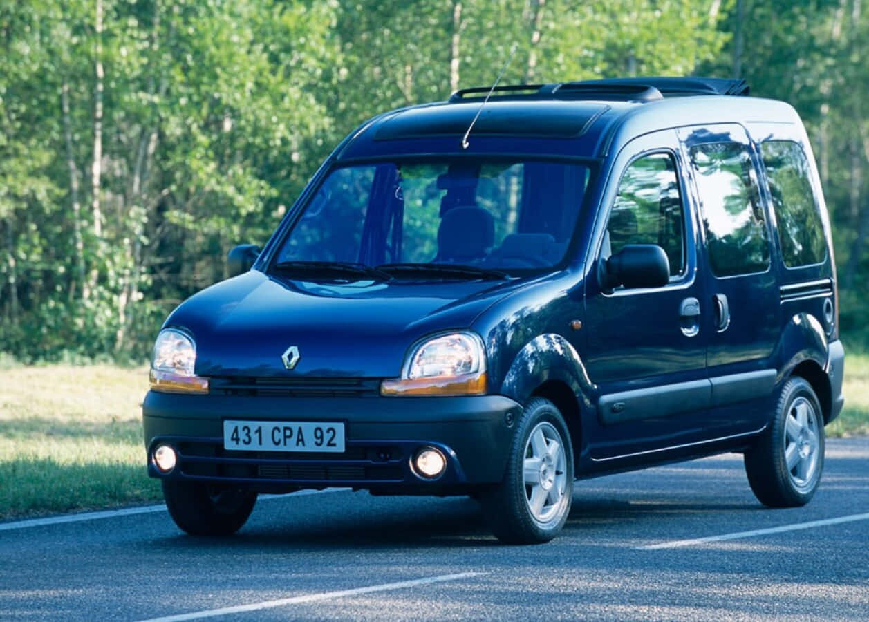 Renault Kangoo, dark blue, sunlit forest road, SD Desktop Wallpaper