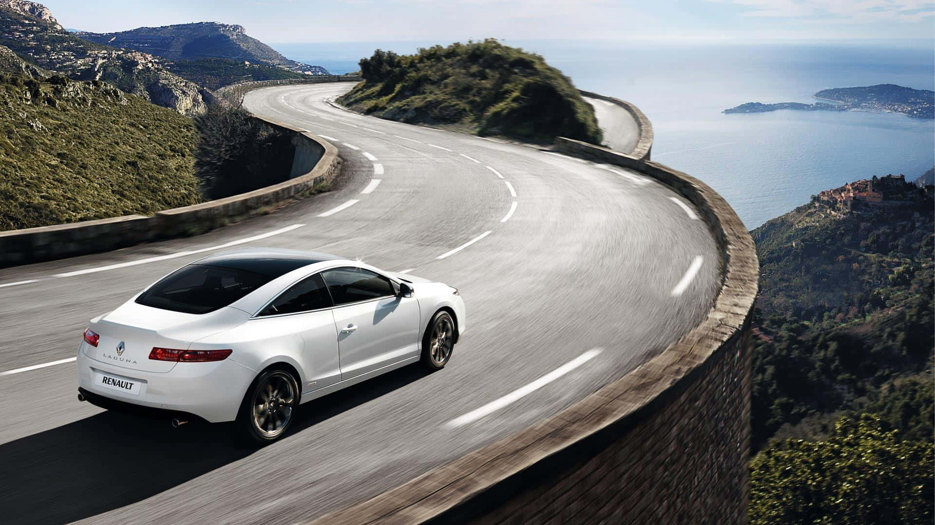 Renault Laguna, sleek white, winding coastal mountain road, Full HD Desktop Wallpaper