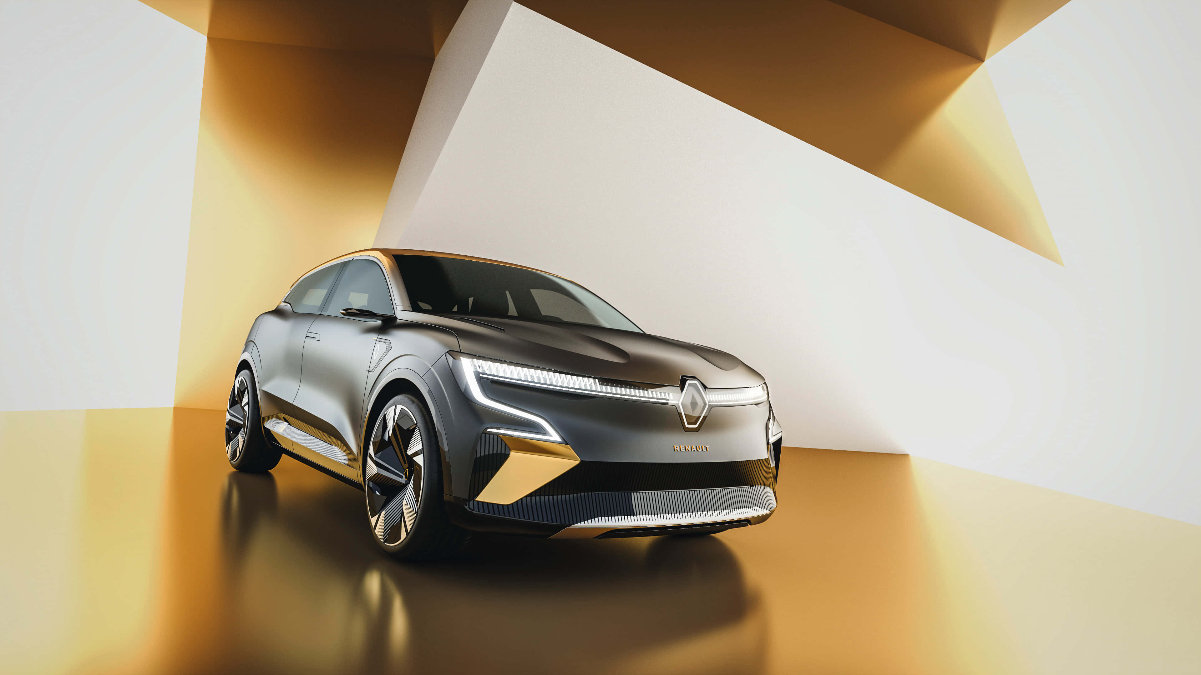 Renault Megane, futuristic silver, gold accents, 4K Desktop Wallpaper