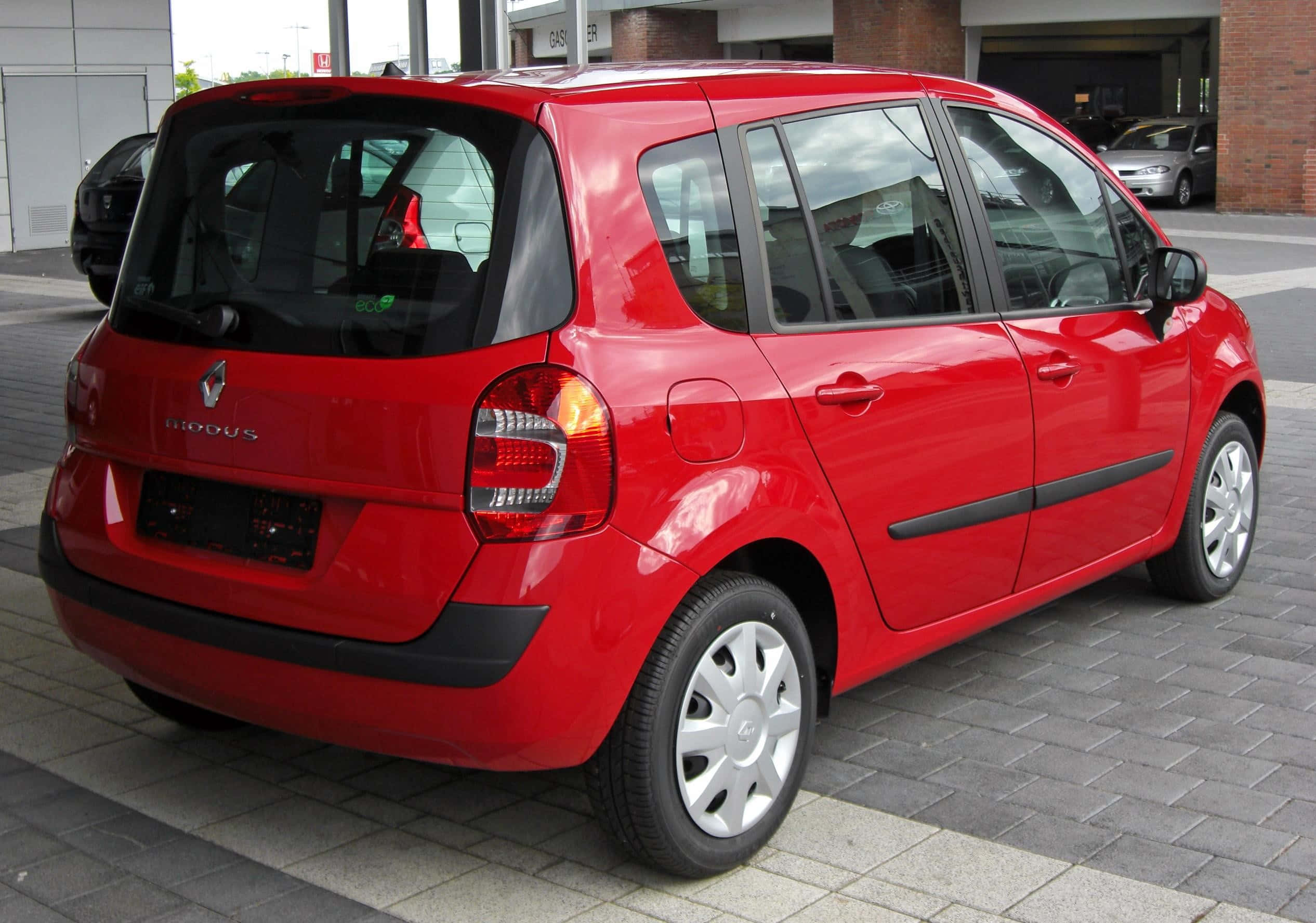 Renault Modus, glossy red, gray brick pavement, Full HD Desktop Wallpaper