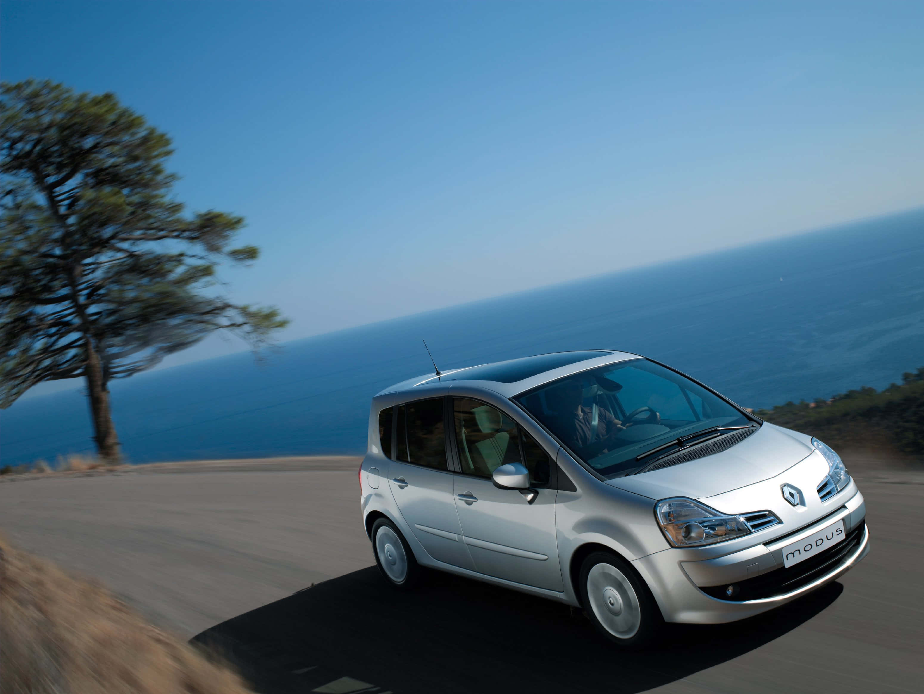 Renault Modus, silver, coastal road, 2K Desktop Wallpaper