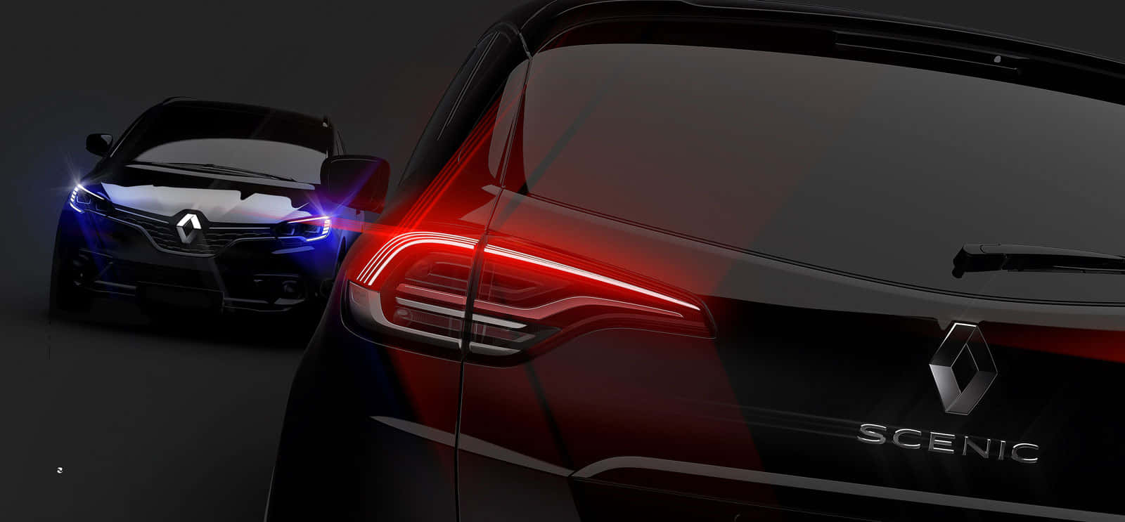 Renault Scenic, black, glowing red taillight, HD Desktop Wallpaper