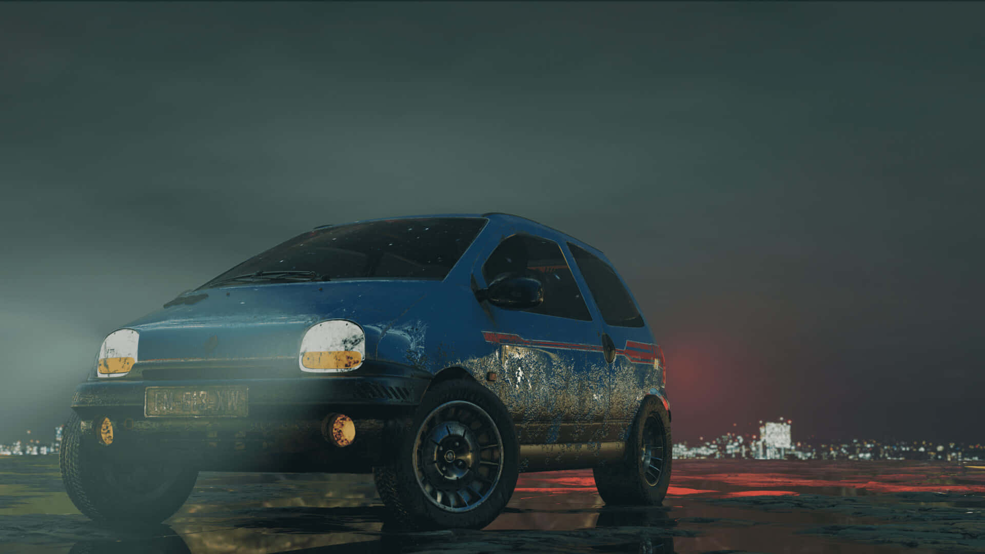 Renault Twingo, night scene, wet reflective surface, Full HD Desktop Wallpaper