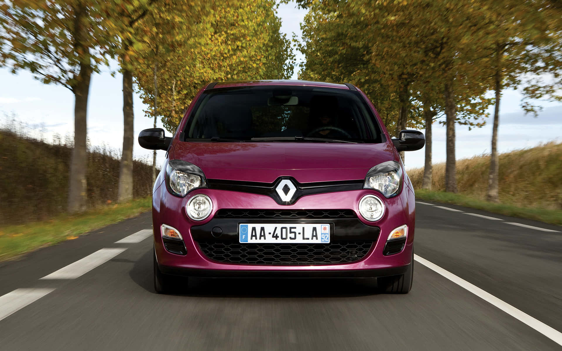 Renault Twingo, magenta, tree-lined road, Full HD Desktop Wallpaper