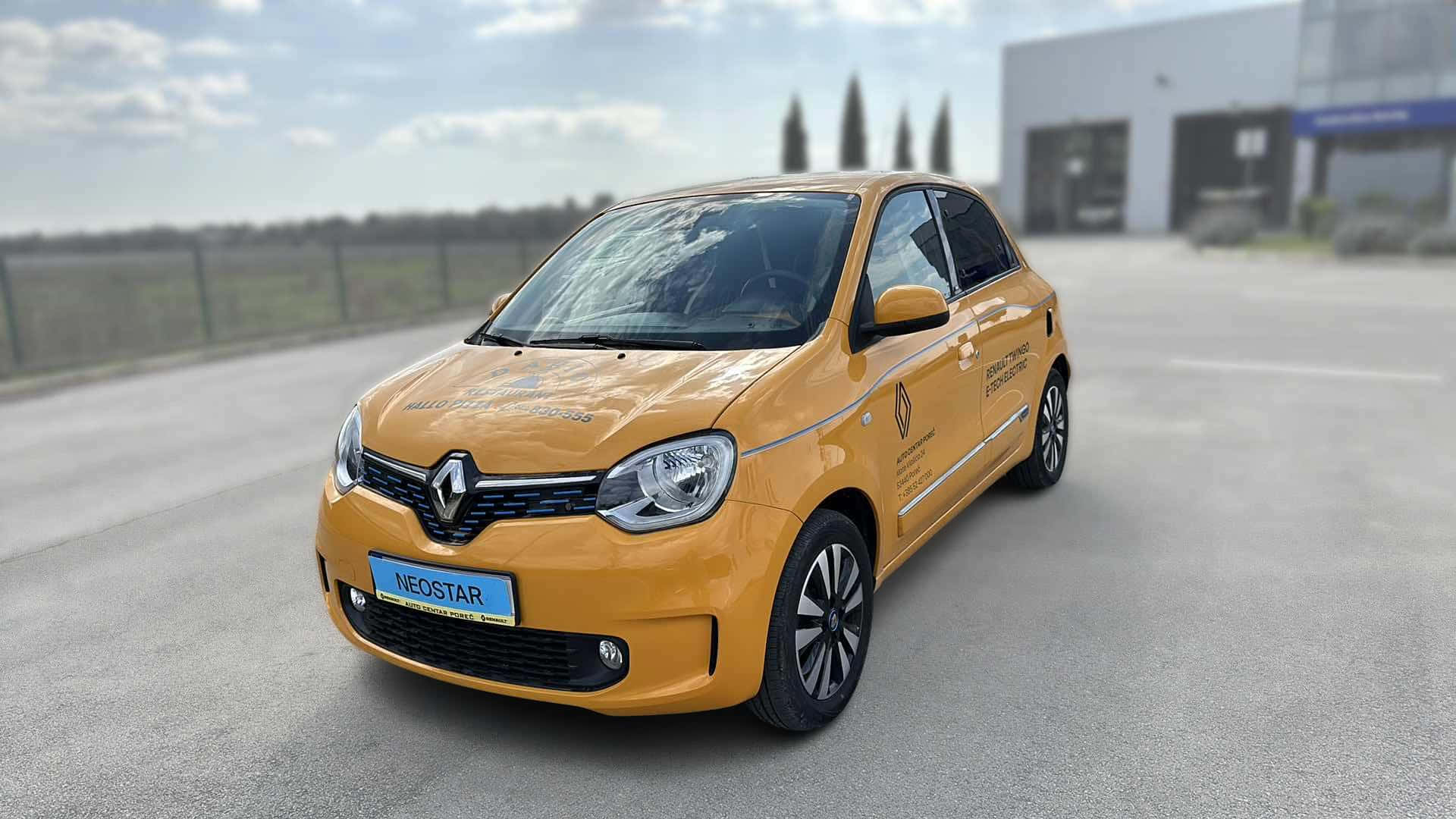 yellow Renault Twingo, gray asphalt lot, cloudy sky, Full HD Desktop Wallpaper