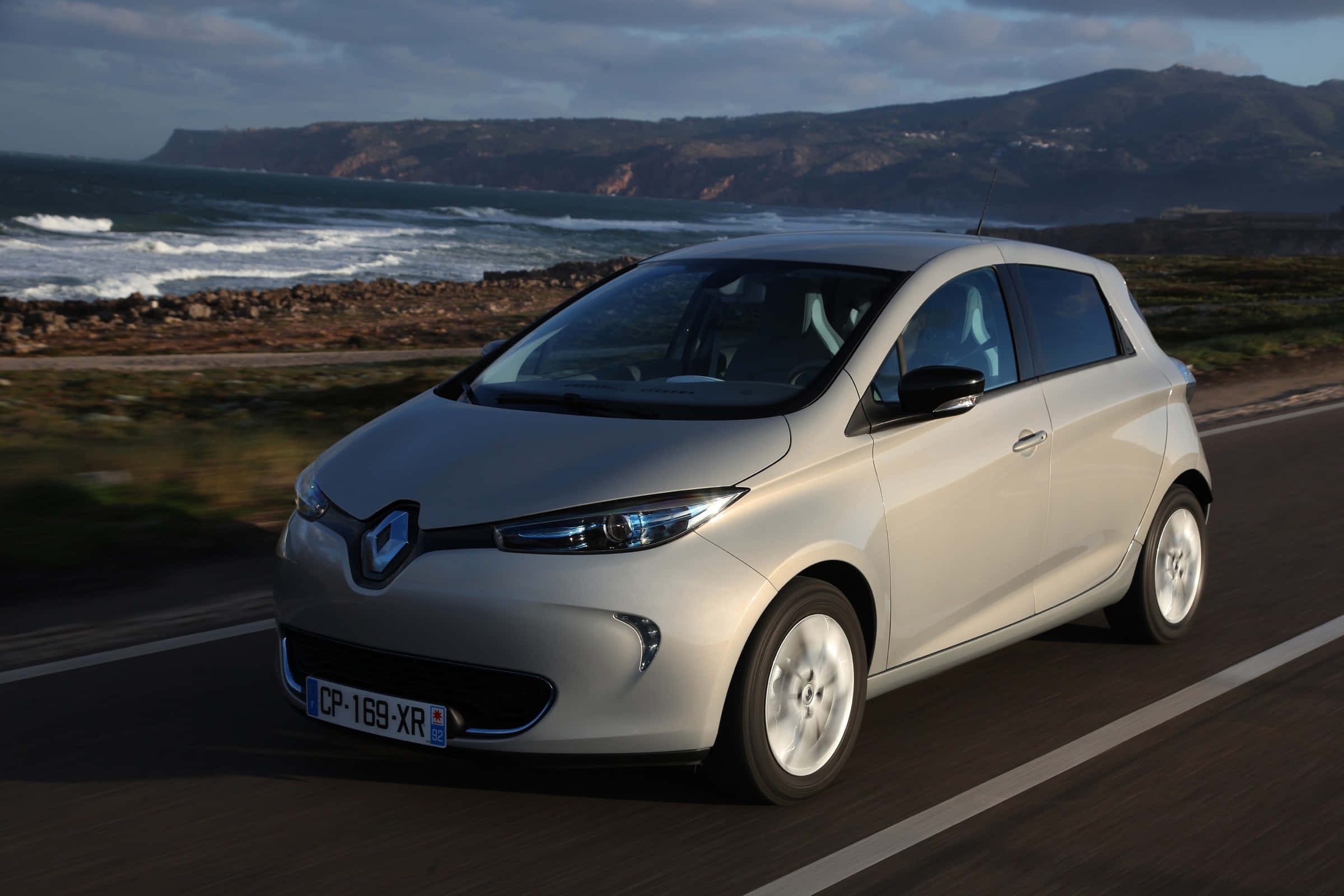 Renault Zoe, silver, coastal road, Full HD Desktop Wallpaper