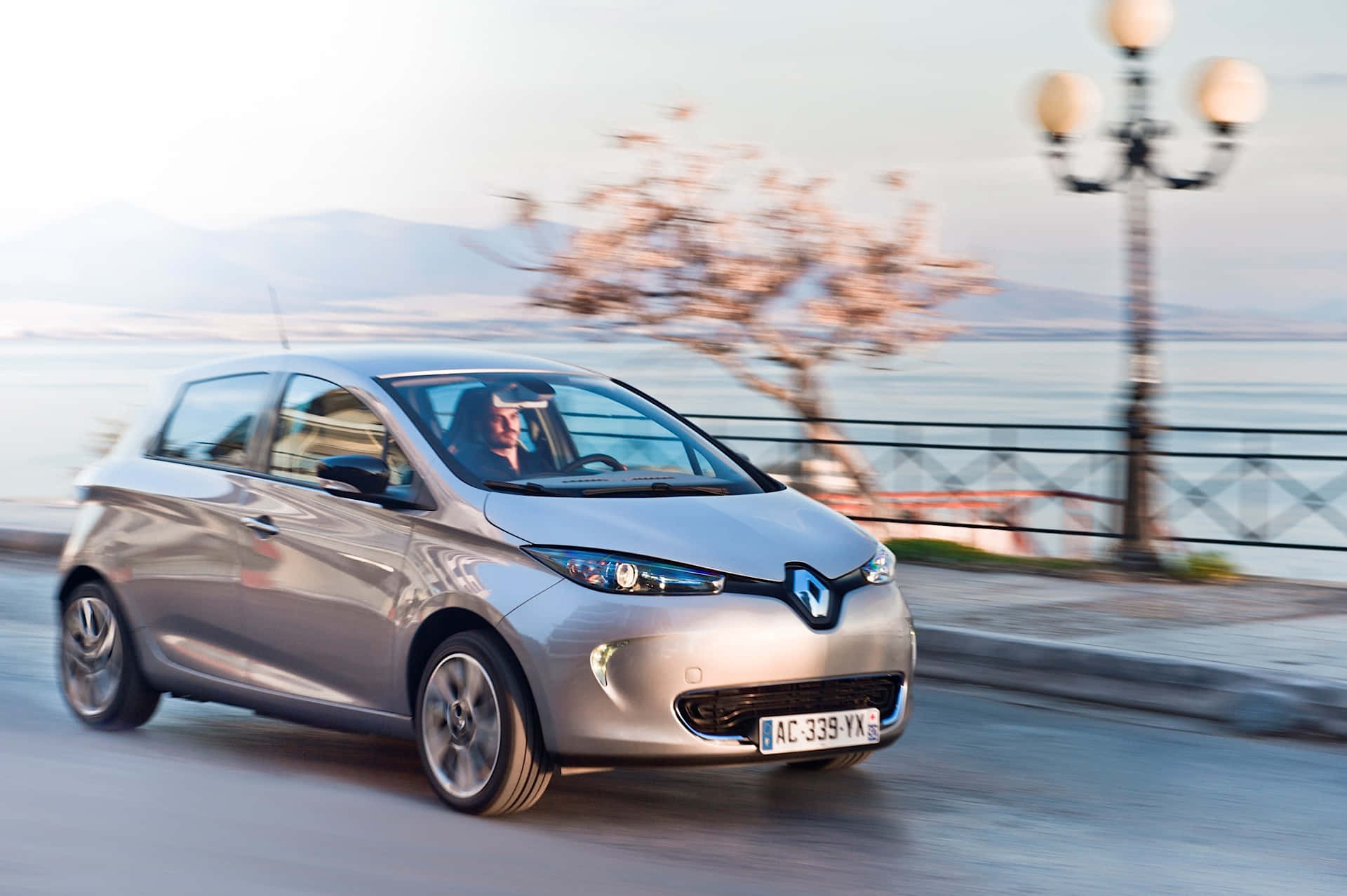 Renault Zoe, silver, coastal road, Full HD Desktop Wallpaper