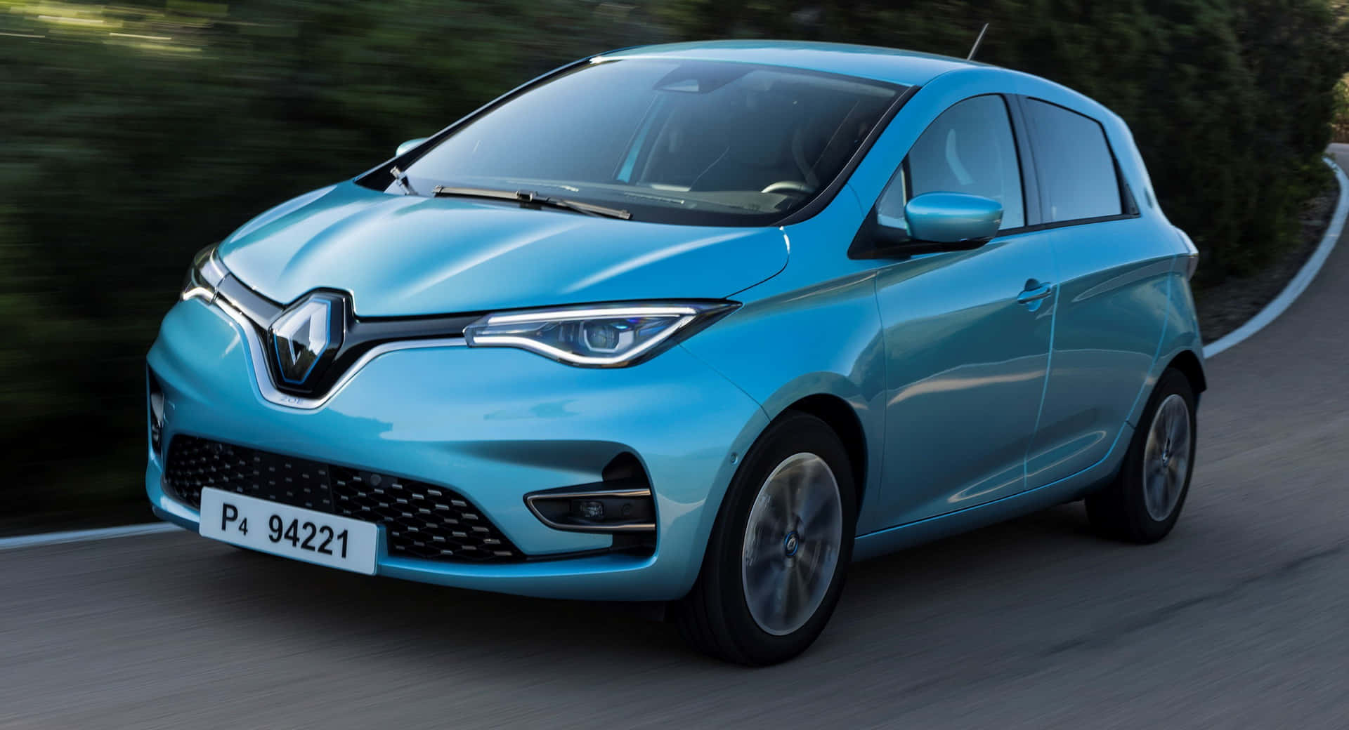 Renault Zoe, light blue, curving road, Full HD Desktop Wallpaper