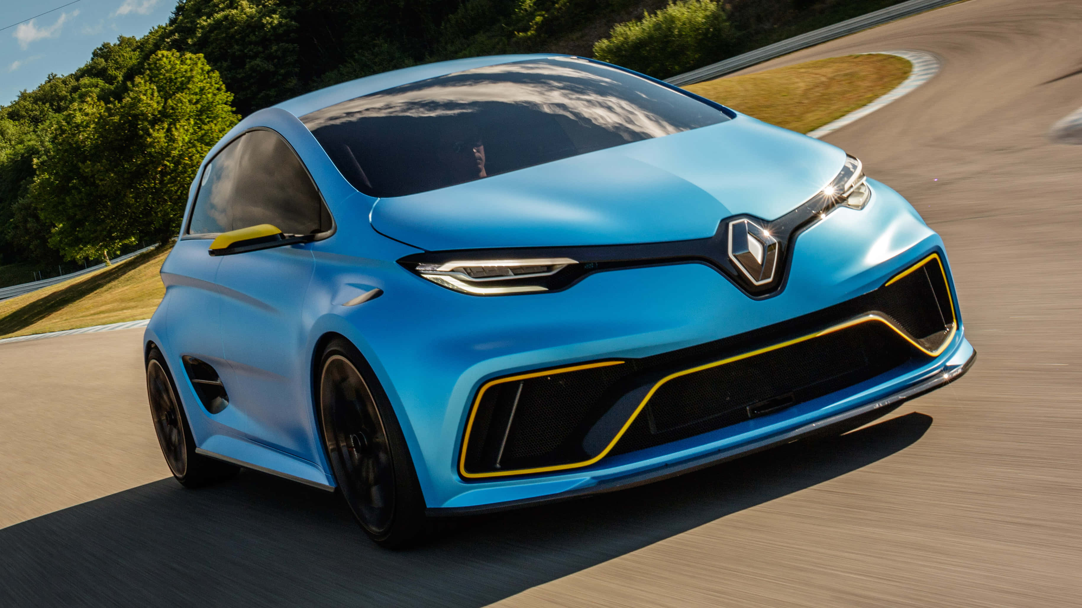 Renault Zoe, vibrant blue, curving racetrack, 2K Desktop Wallpaper