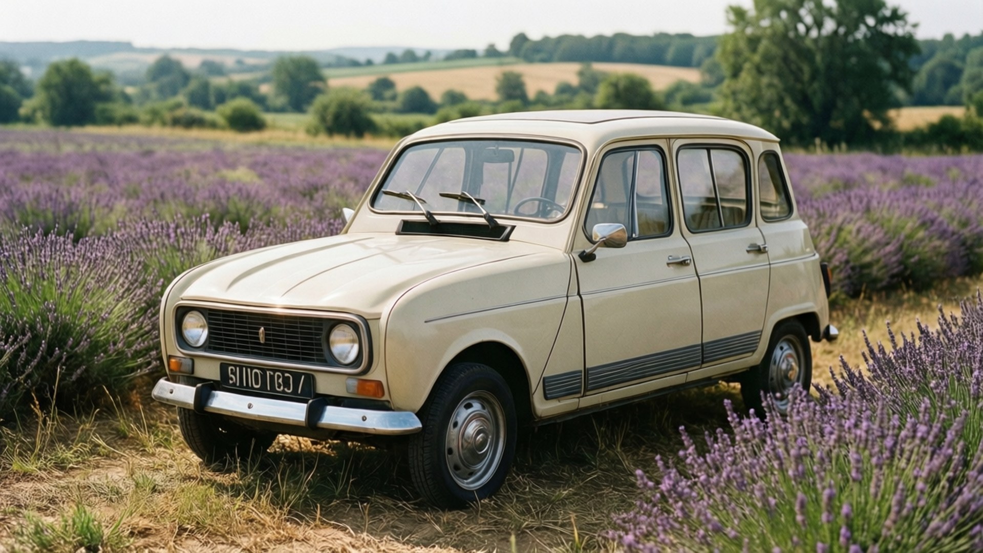 Renault 4, vintage beige, vibrant field of purple lavender, Full HD Desktop Wallpaper