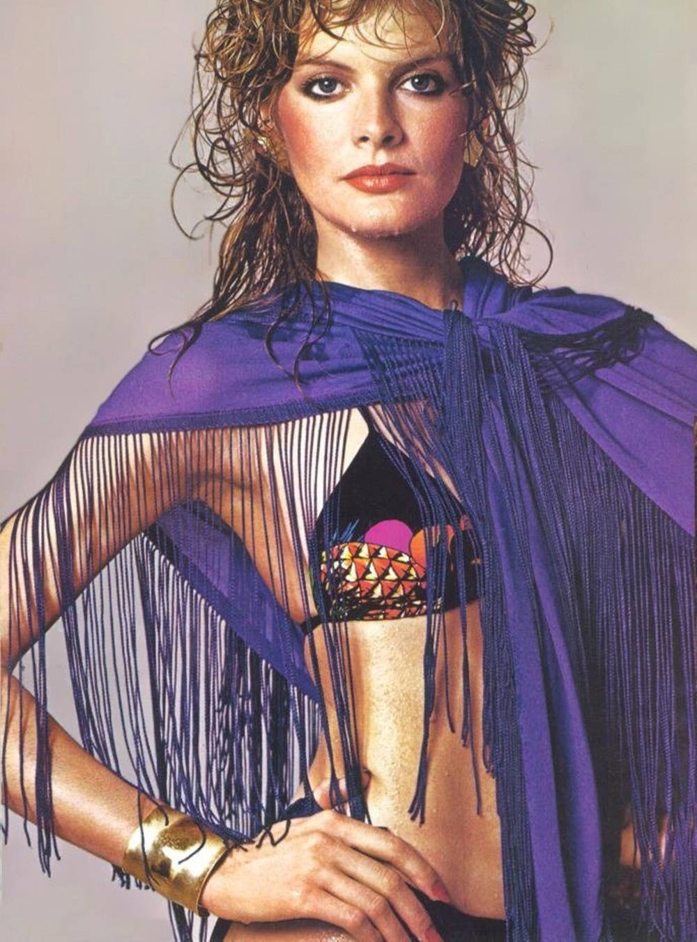 Rene Russo, purple fringed cape, colorful bikini top, HD Phone Wallpaper