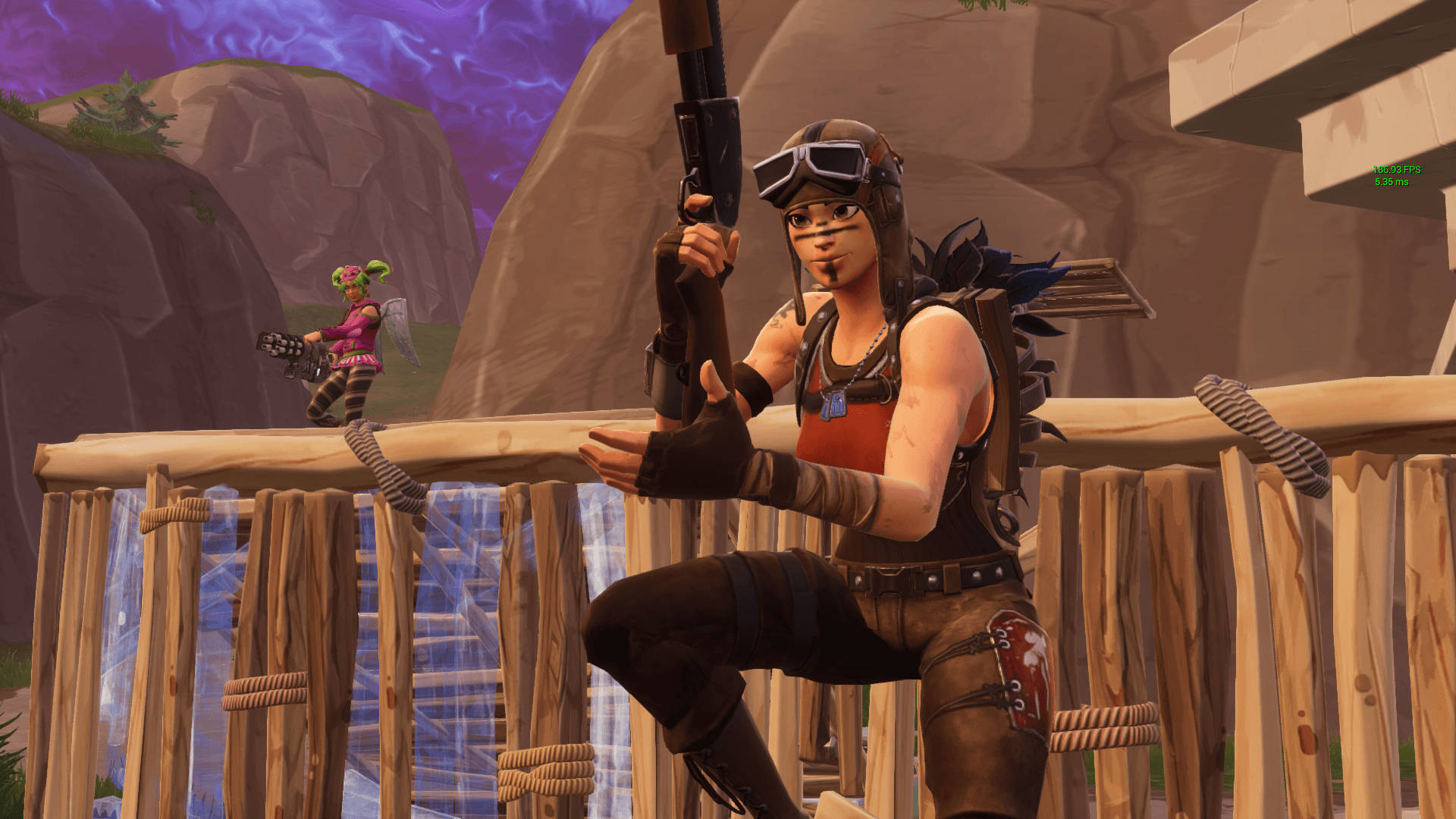 Renegade Raider Fortnite, aviator gear, wooden bridge, Full HD Desktop Wallpaper