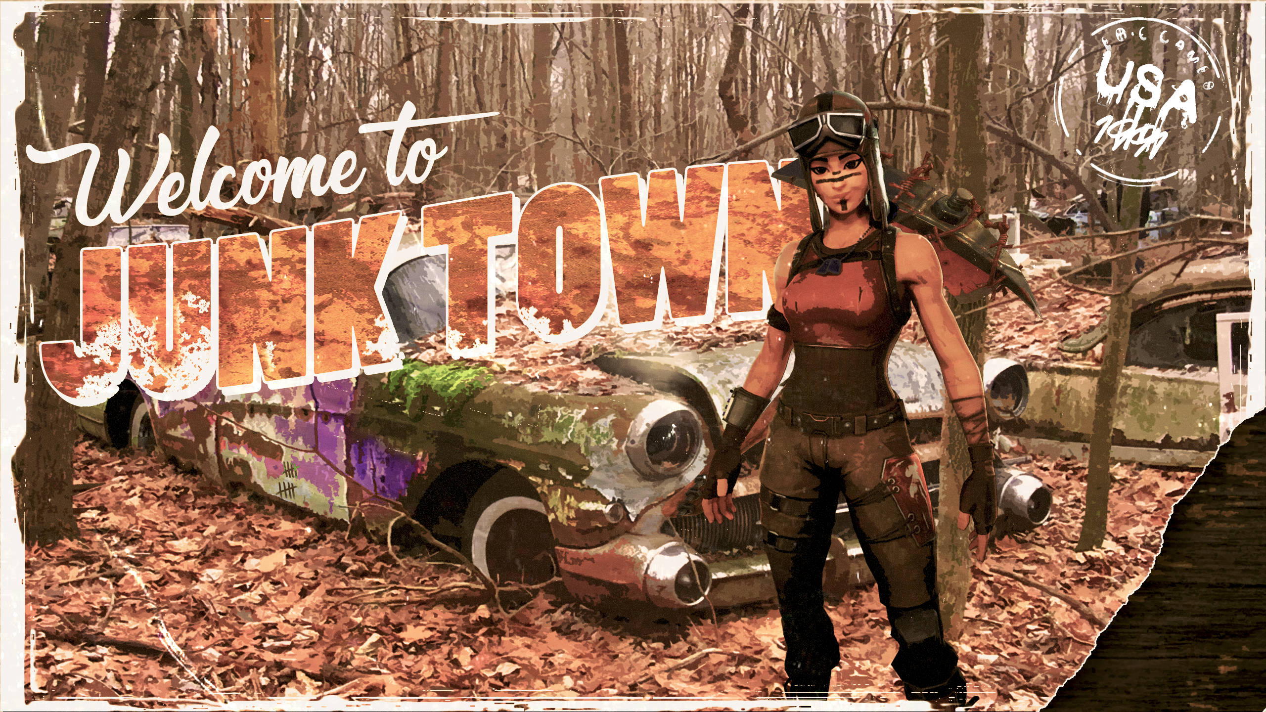 Renegade Raider Fortnite, junkyard, rusted vintage car, 2K Desktop Wallpaper