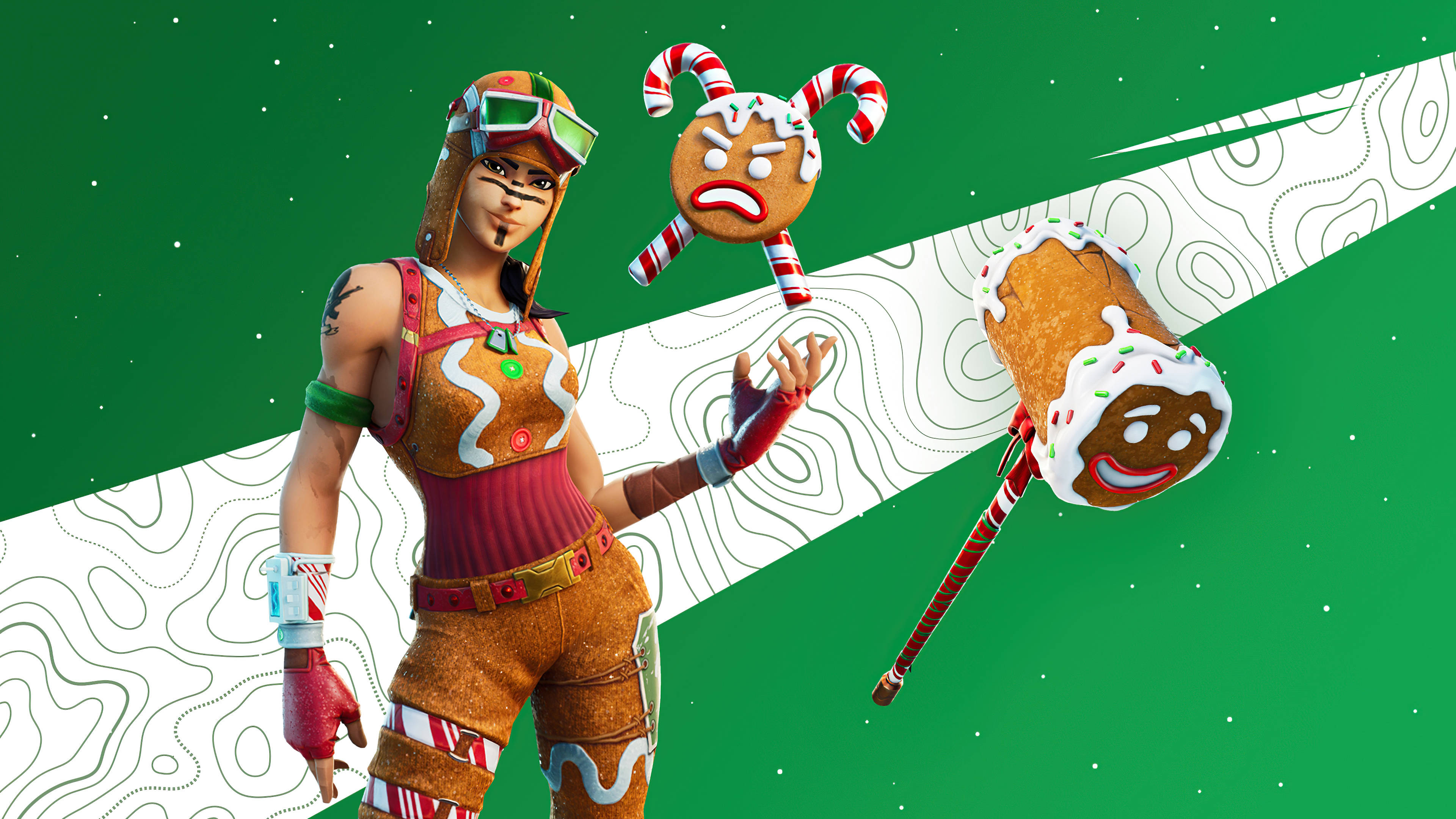 Renegade Raider Fortnite, gingerbread, candy cane accessories, 4K Desktop Wallpaper