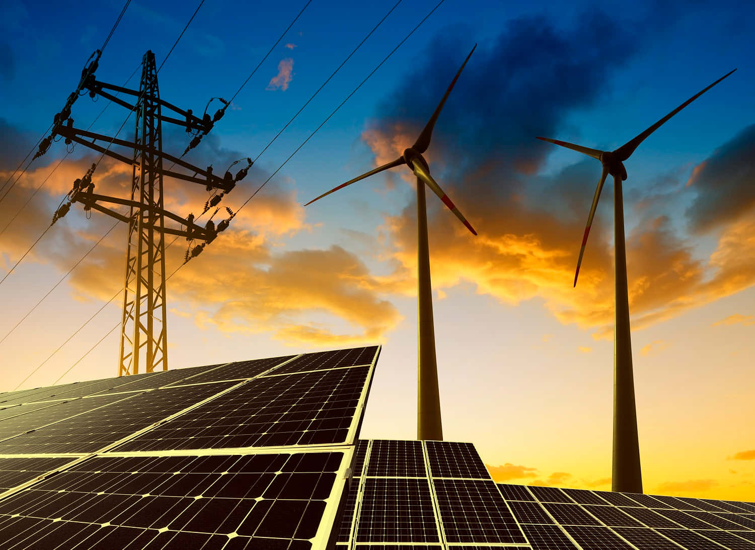 solar panels, wind turbines, vibrant sunset sky, HD Desktop Wallpaper