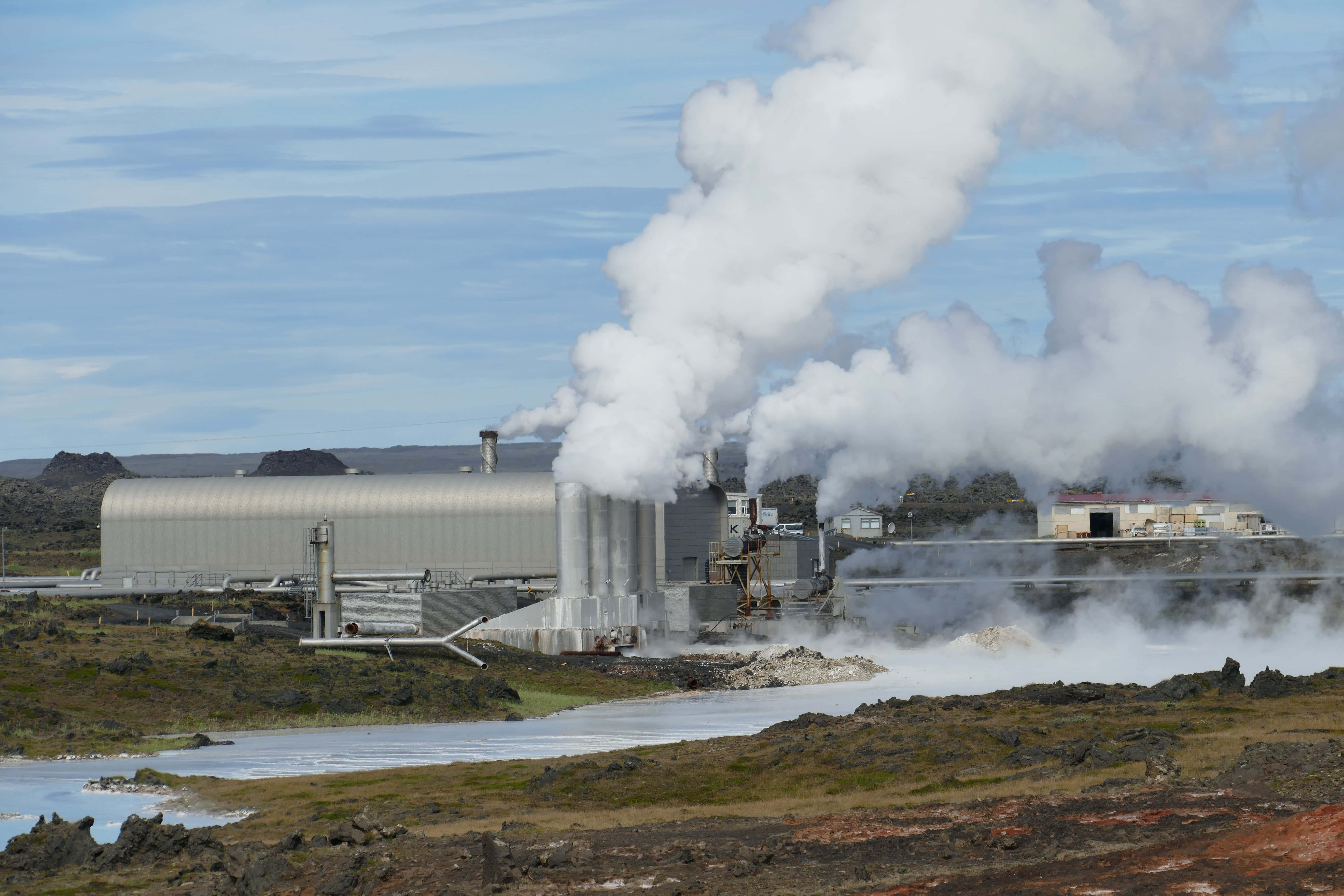 geothermal power plant, thick white steam, partly cloudy sky, 5K Desktop Wallpaper
