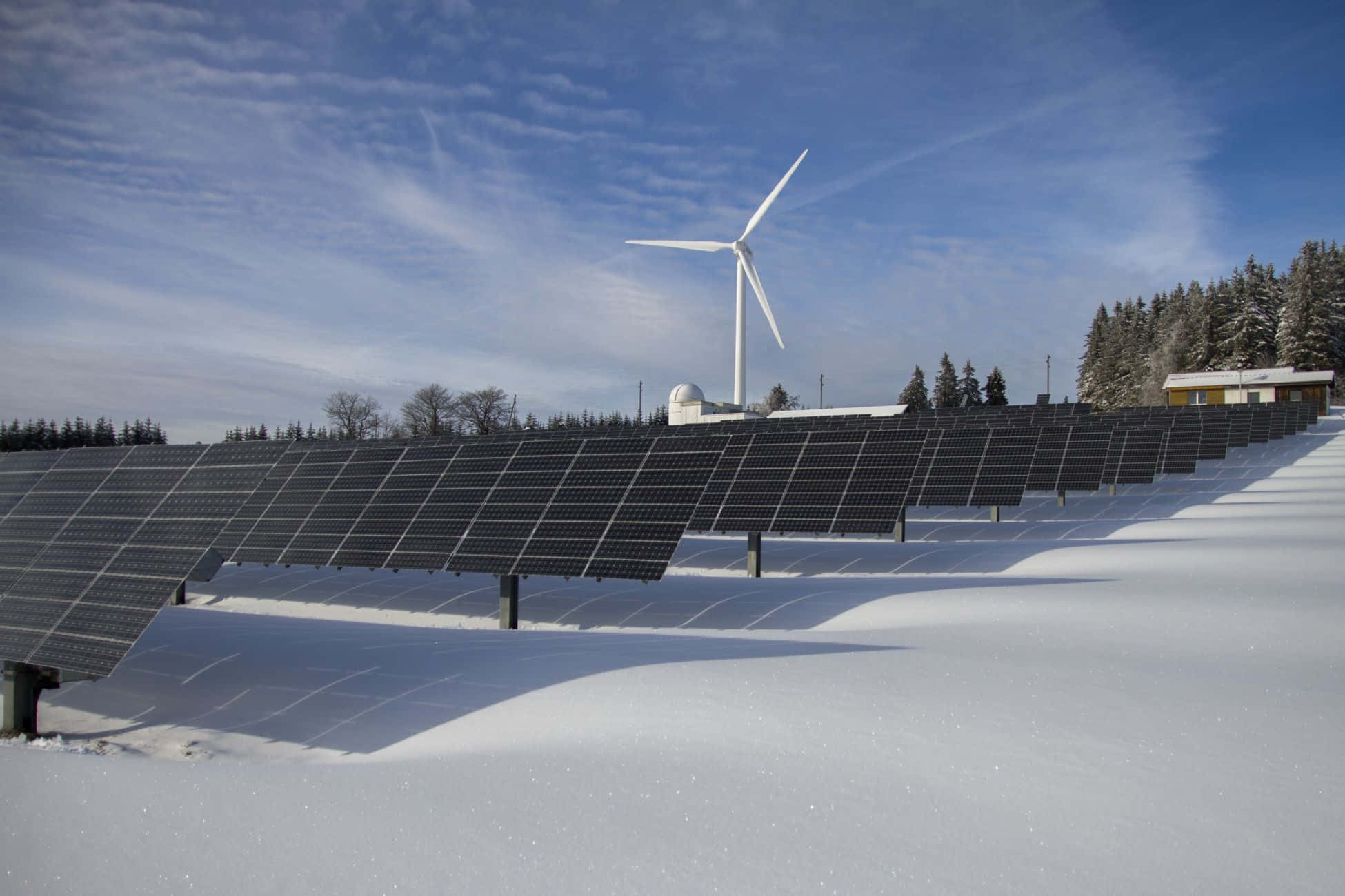 solar panels, snowy field, bright blue sky, Full HD Desktop Wallpaper