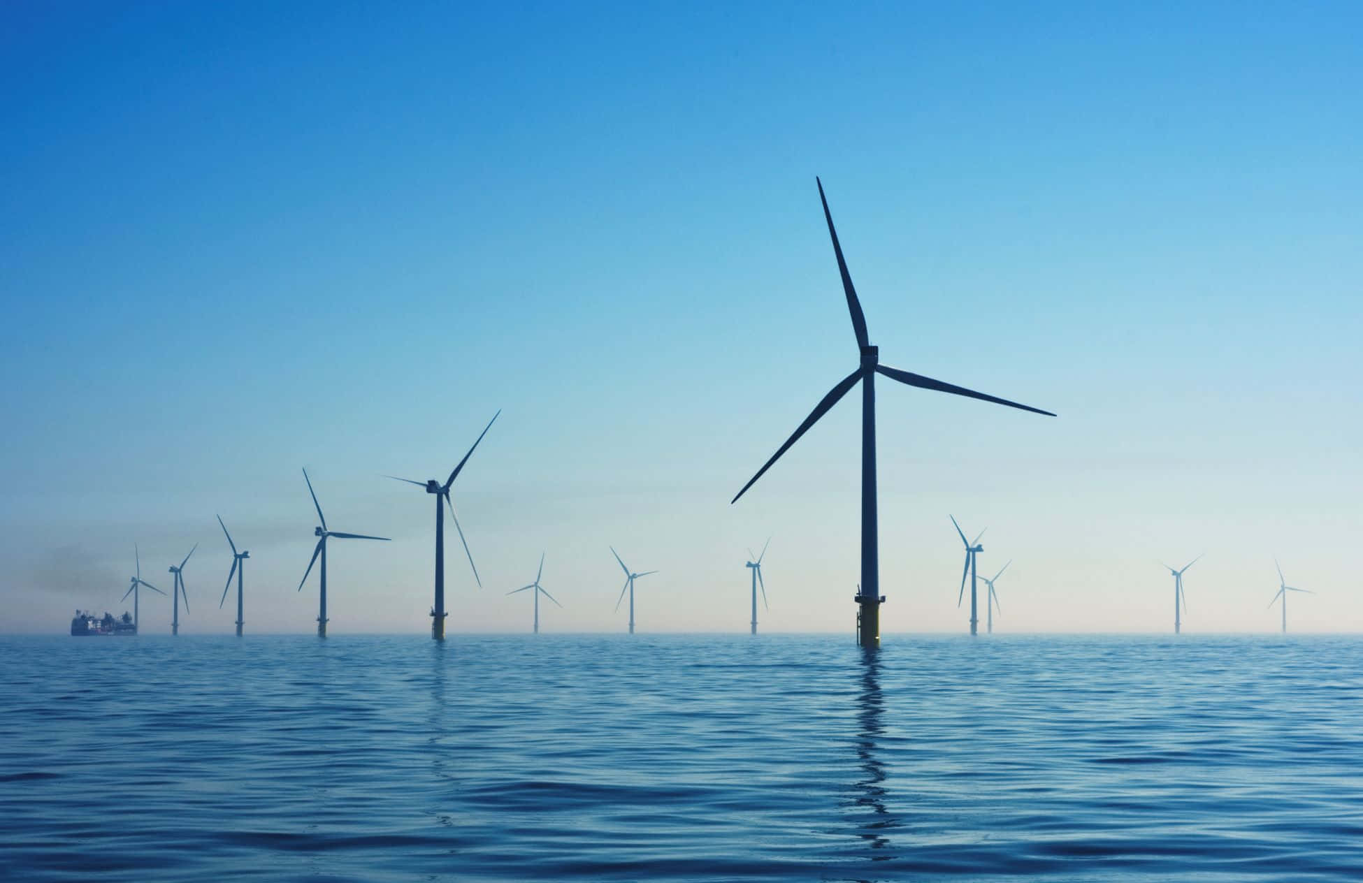 offshore wind turbines, calm blue waters, clear gradient sky, Full HD Desktop Wallpaper