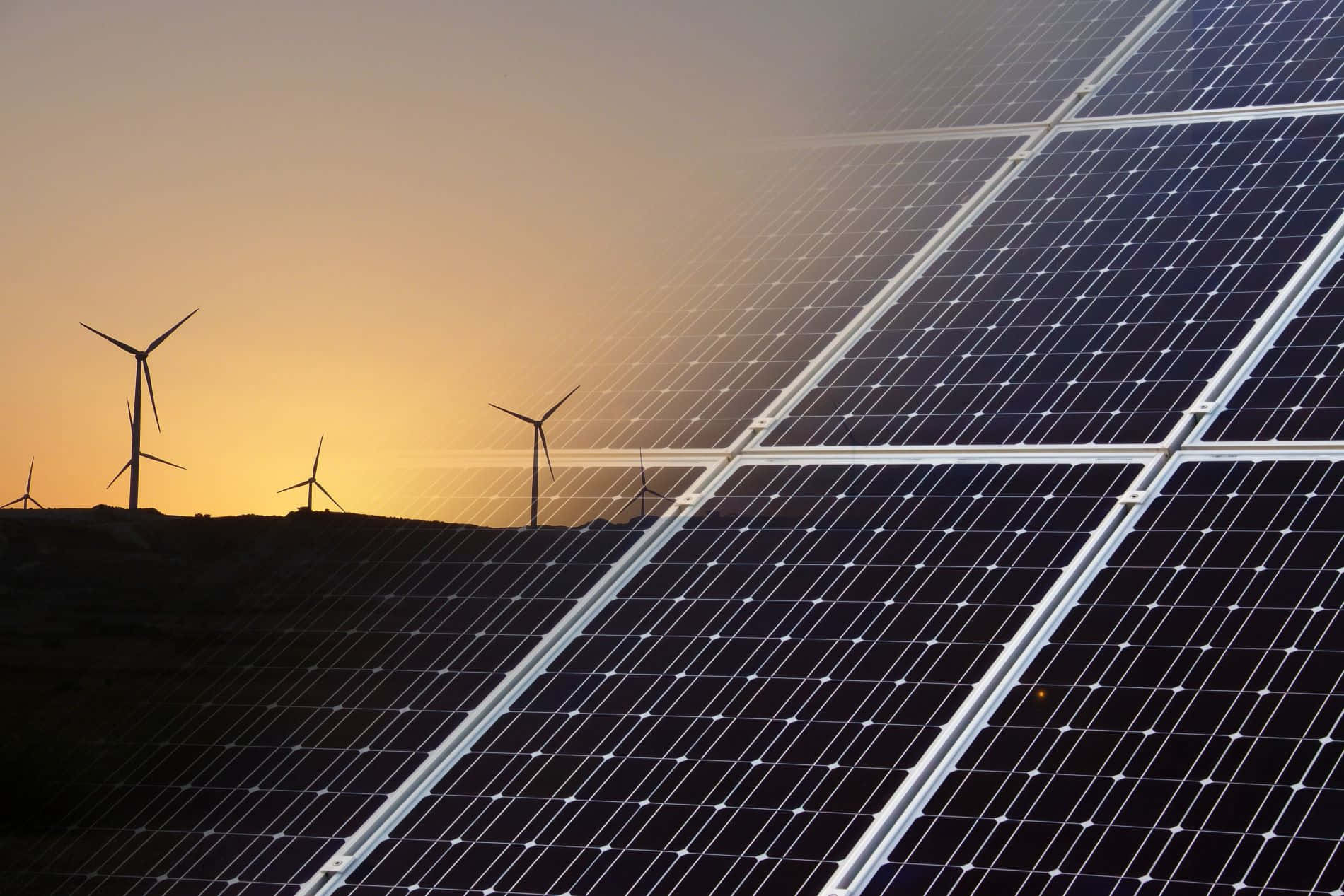 solar panels, wind turbines, warm sunset sky, HD Desktop Wallpaper