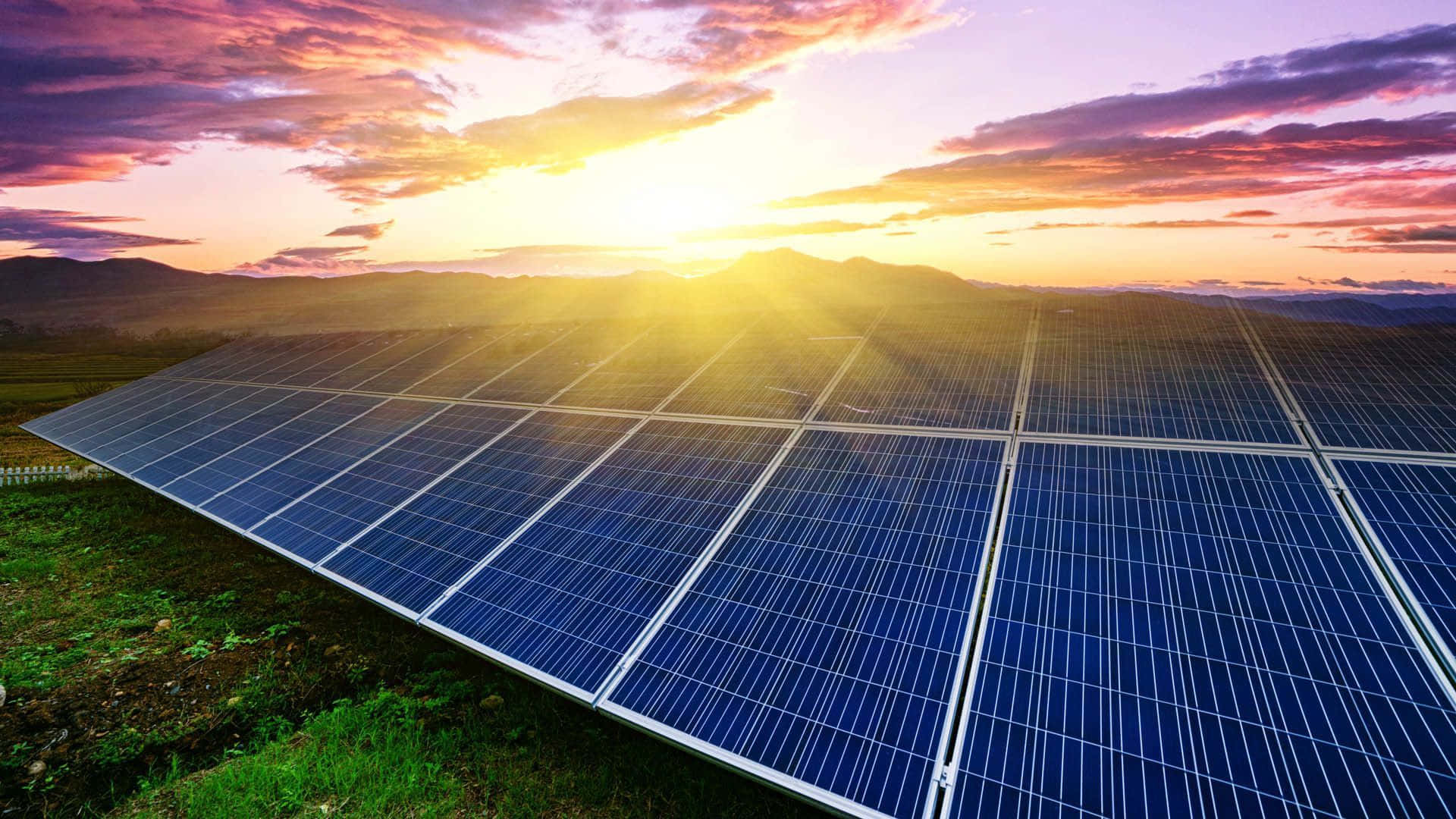 solar panels, vibrant sunset sky, purple orange clouds, Full HD Desktop Wallpaper