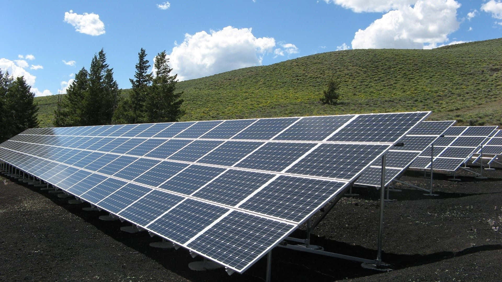 solar panels, bright blue sky, fluffy white clouds, Full HD Desktop Wallpaper